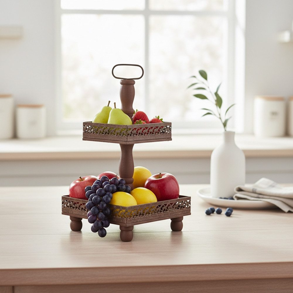 Mucola Etagere Etagere Servierplatte 2 Stöckig 51 CM XXL Braun und Weiß Vintage, Metall, (Stück, 1-tlg., 1 Etagere), Massivholz