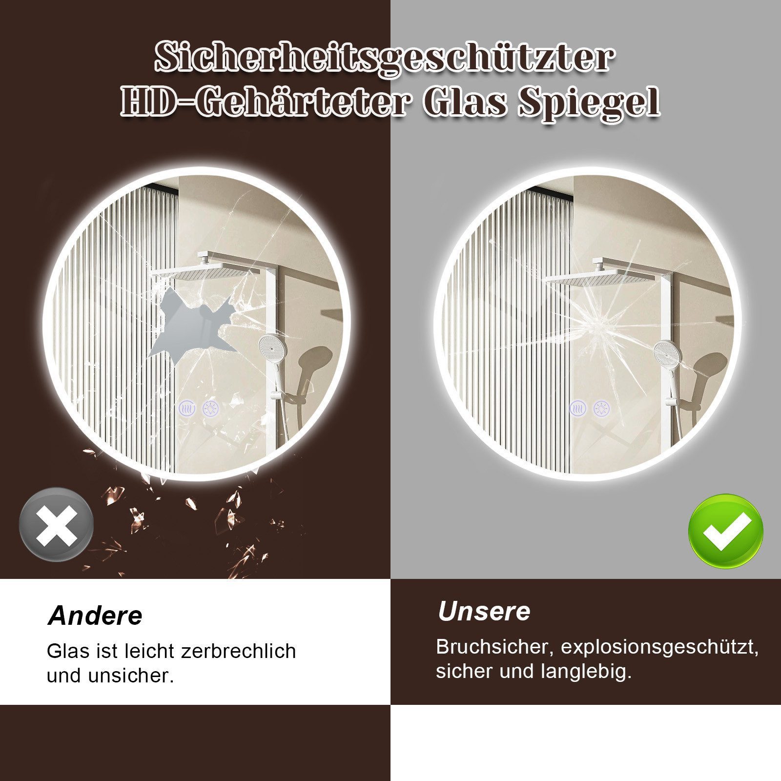 Nettlife Badspiegel spiegel mit Beleuchtung Rund 60cm, zimmerspiegel mit Touch-Schalter und Entfogger-Funktion – Bild 5 von 5
