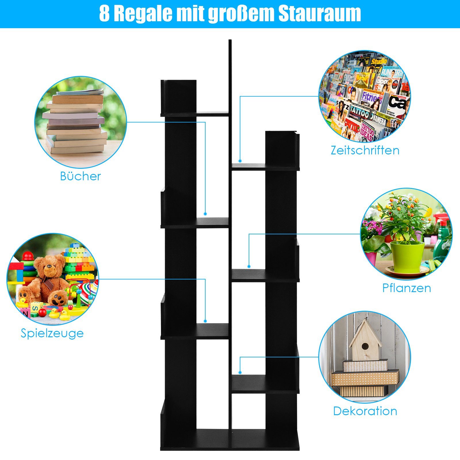 COSTWAY Schwarz Kippschutz, Bücherregal 50x24,5x145cm offenen 8 Fächern, mit