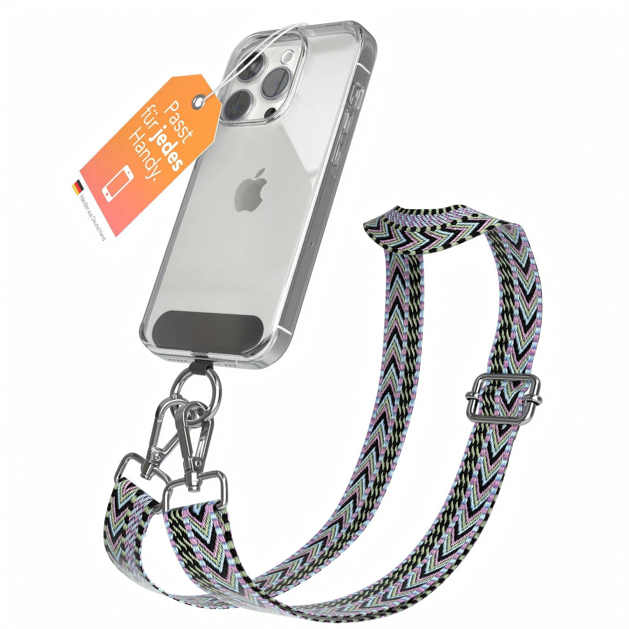 EAZY CASE Handykette Universal für alle Smartphones Boho/Wave/Leo Style, Umhängetasche Universell passend Band für Schutzhülle Violett Grün