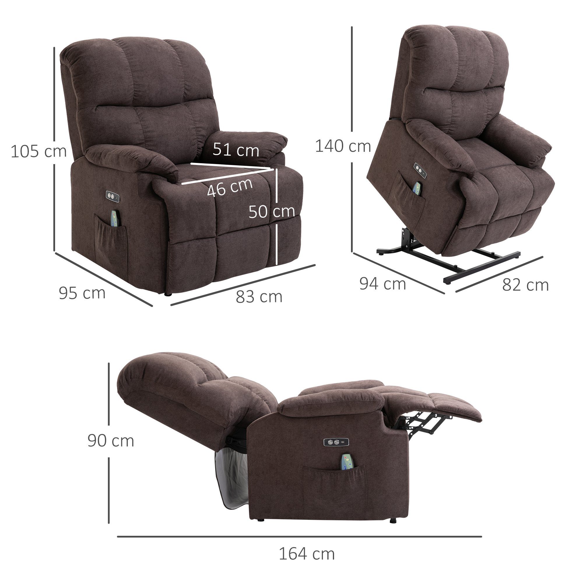 1-St., Aufstehhilfe, (Relaxsessel, belastbar Sessel Massagesessel Fernsehsessel), 150 USB-Anschluss mit TV-Sessel bis mit kg HOMCOM
