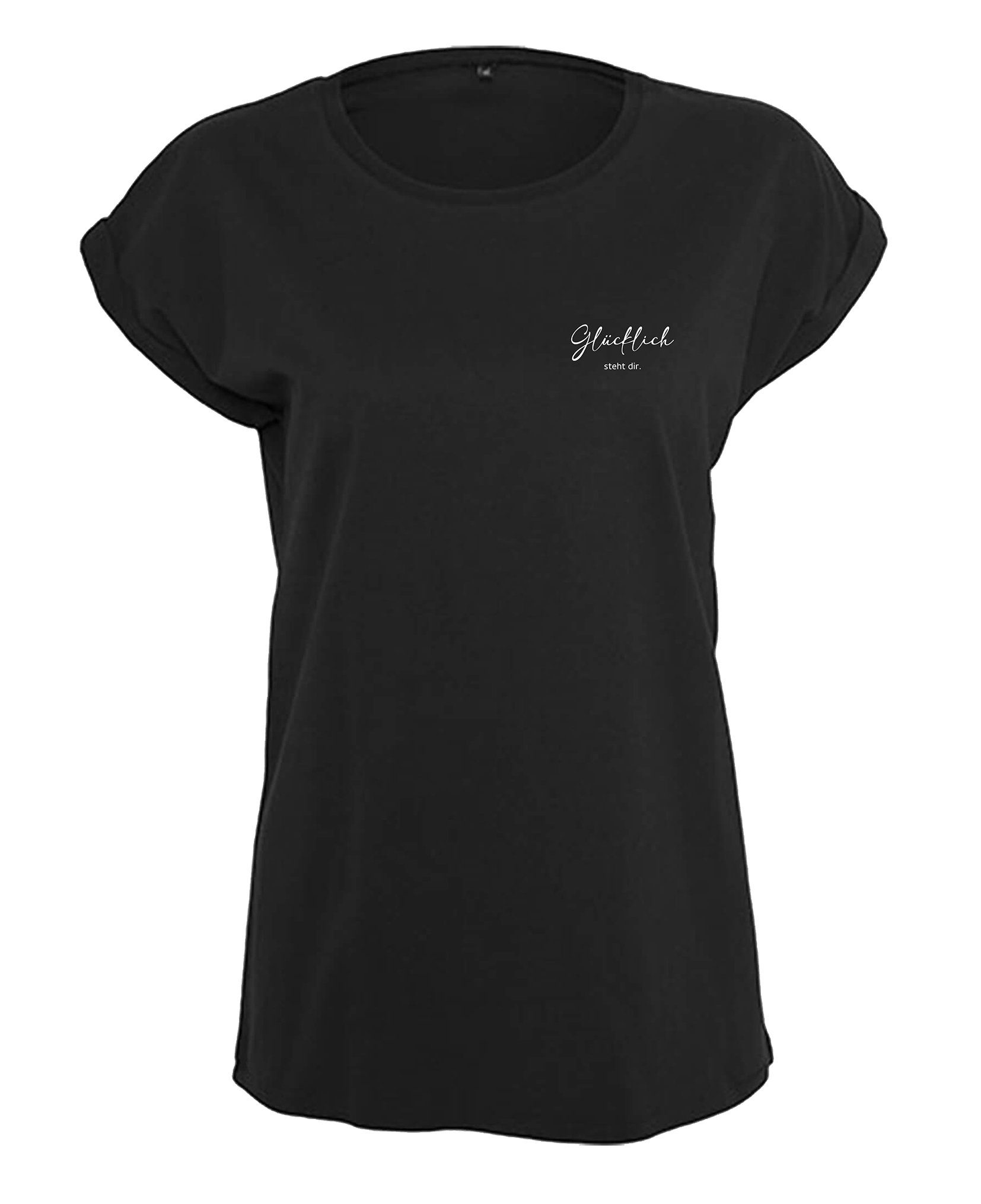 Baddery Print-Shirt Damen Shirt: "Glücklich steht dir" - Funshirts für Frauen (Loose Fit), hochwertiger Siebdruck, auch Übergrößen, aus Baumwolle