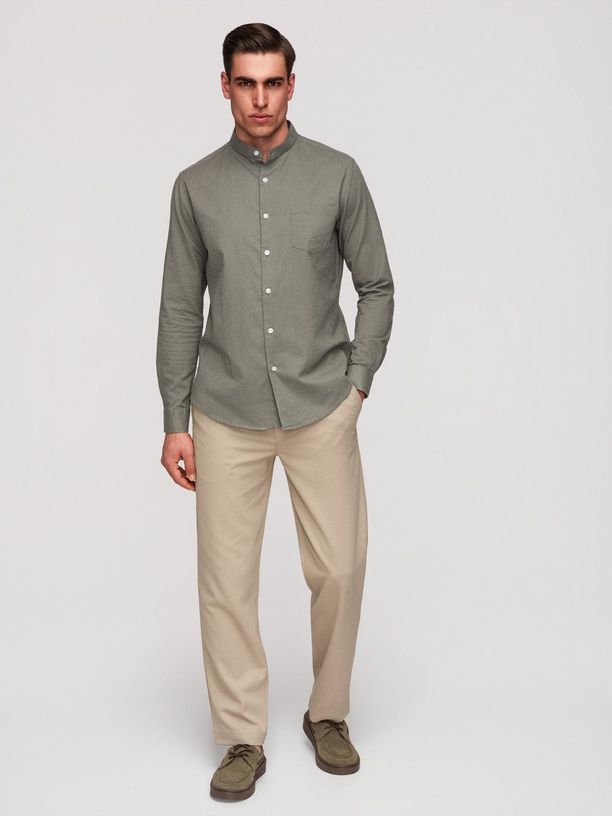 OMBRE Langarmhemd Herren Leinenhemd Stehkragen Casual Khaki L (kein Set, 1-tlg) Stójka statt Kragen