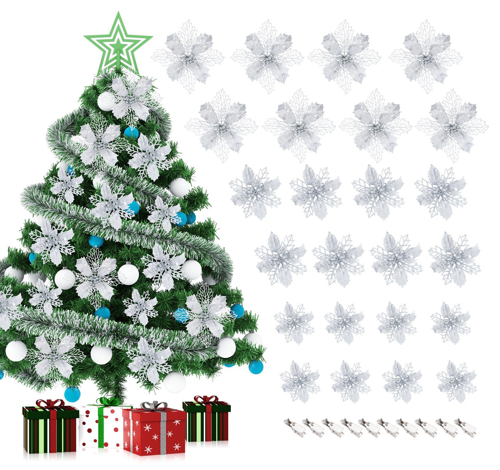 (24-tlg), Christbaumschmuck Weihnachtsdeko Kunstblume Weihnachtsbaum und Silbern Glitzer Weihnachtsblumen Deko Weihnachtsschmuck Girlande mit Clips Ornamente für Homewit Kränze