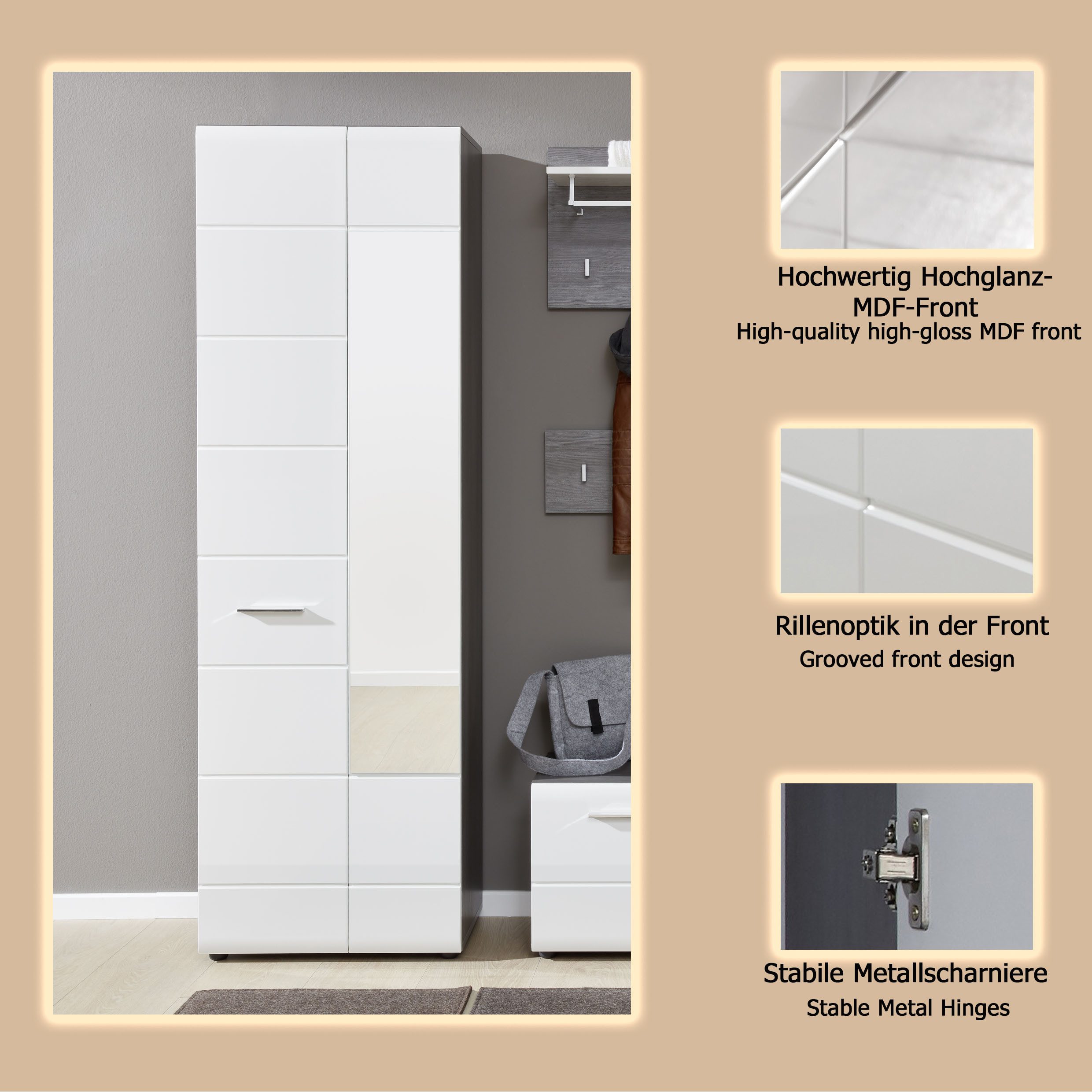 Home affaire Garderobenschrank Sovana Garderobenschrank mit 2 Türen & Spiegel - (B/T/H) 60/36/191 cm