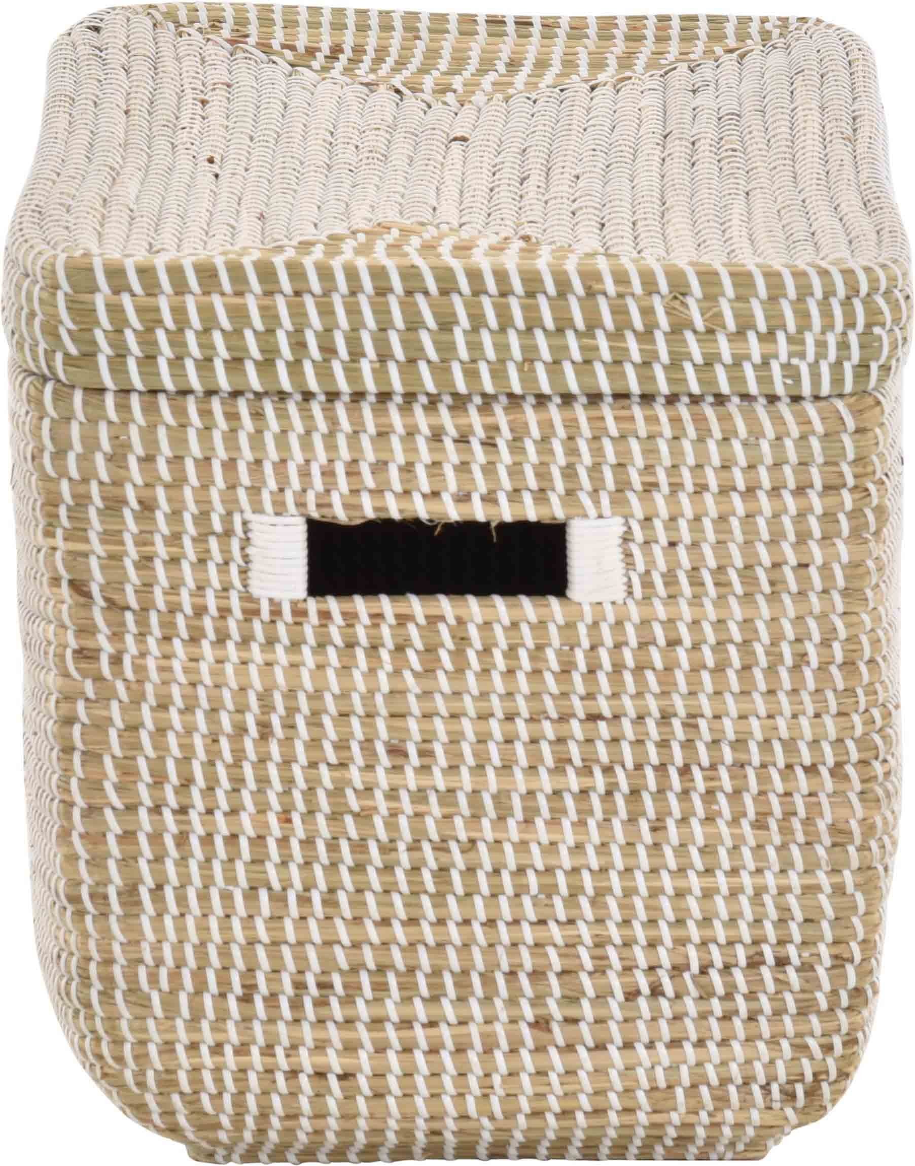 Krines Home Aufbewahrungskorb Handgearbeiteter Seegras Dekokorb mit Deckel Aufbewahrung Flechtkorb, Truhe Natur mit weißen Wicklungen Rund Box (Hell Natur, Truhe)
