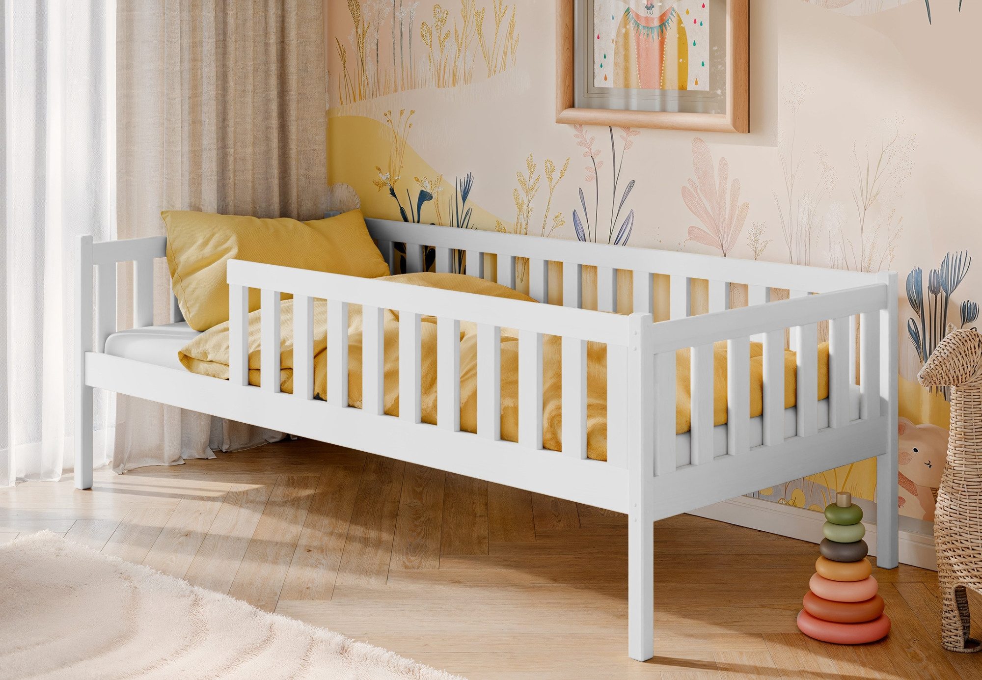 Kinderbett mit Rausfallschutz, Lattenrost und optionaler Matratze, Kinder Bett