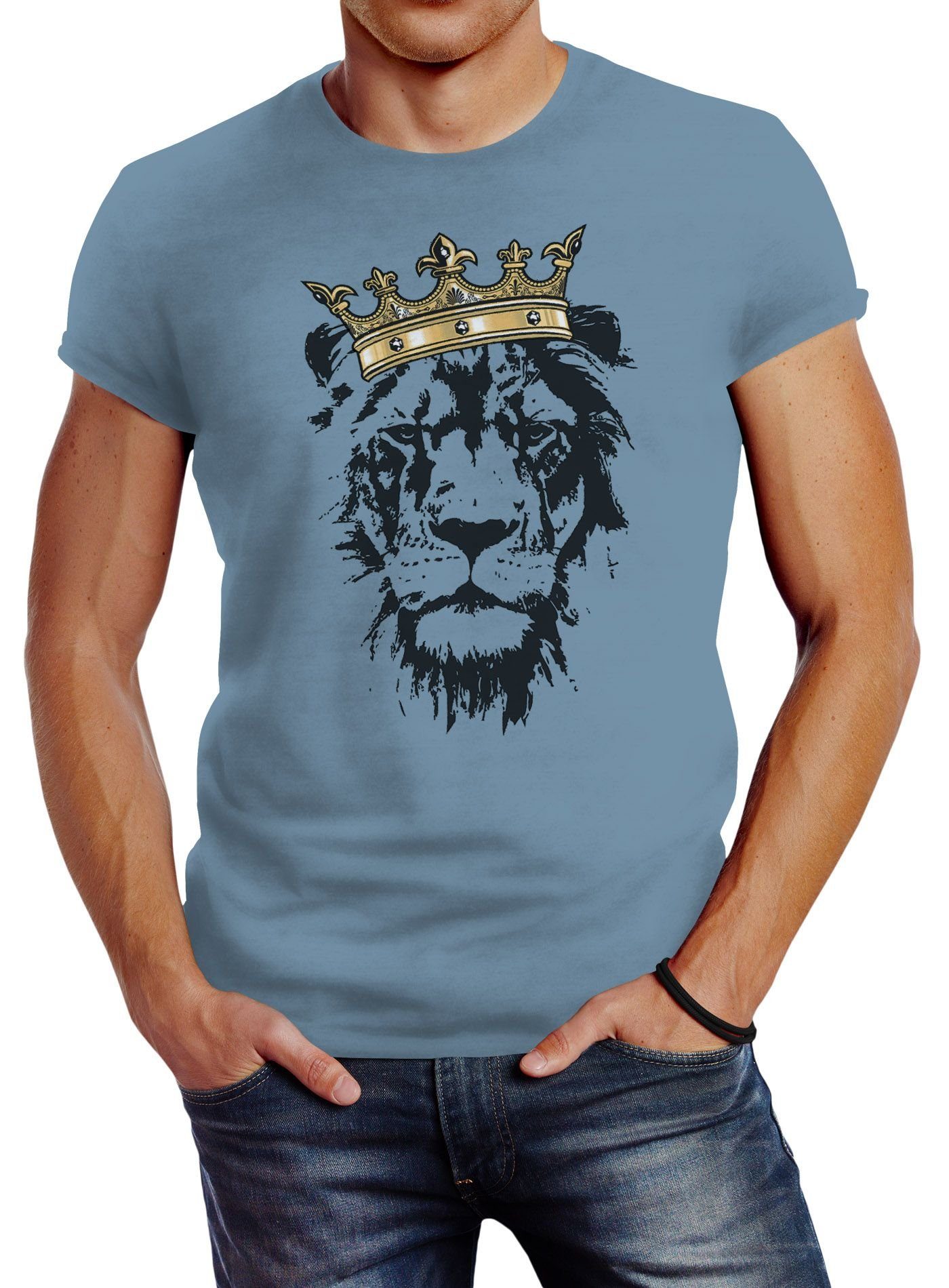 Neverless Print-Shirt Herren T-Shirt König der Tiere Löwen-Kopf mit Krone Slim Fit mit Print