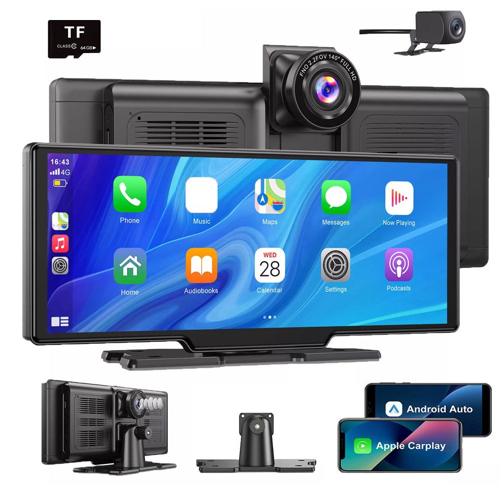 ESSGOO 4K HD 10,26'' Neuestes Auto Android Apple Carplay Rückfahrkamera 64G Dashcam (HD, Tragbar Autoradio Rückfahrkamera IPS Touchscreen GPS Navi FM AUX TF)
