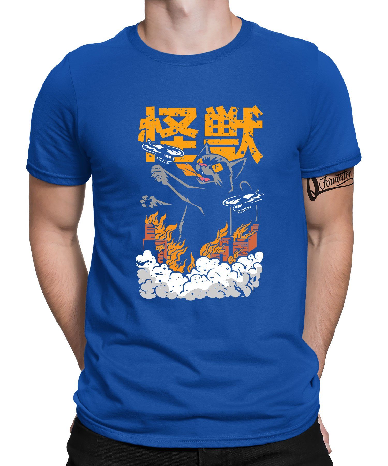 Herren T-Shirt Japan Katze Quattro Japan Japanese (1-tlg) Blau Kurzarmshirt Ästhetik Anime Kaiju Formatee -