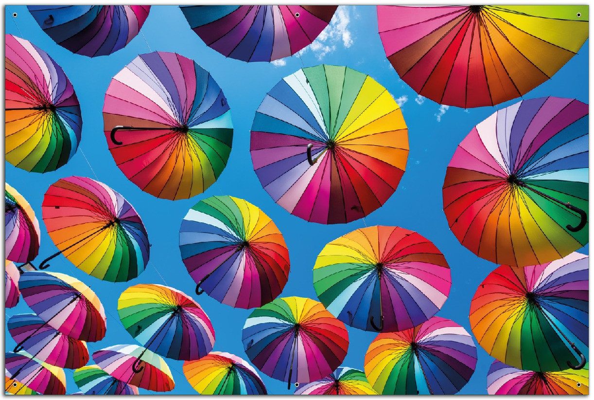 Wallario Sichtschutzzaunmatten Bunte Regenschirme vor blauem Himmel