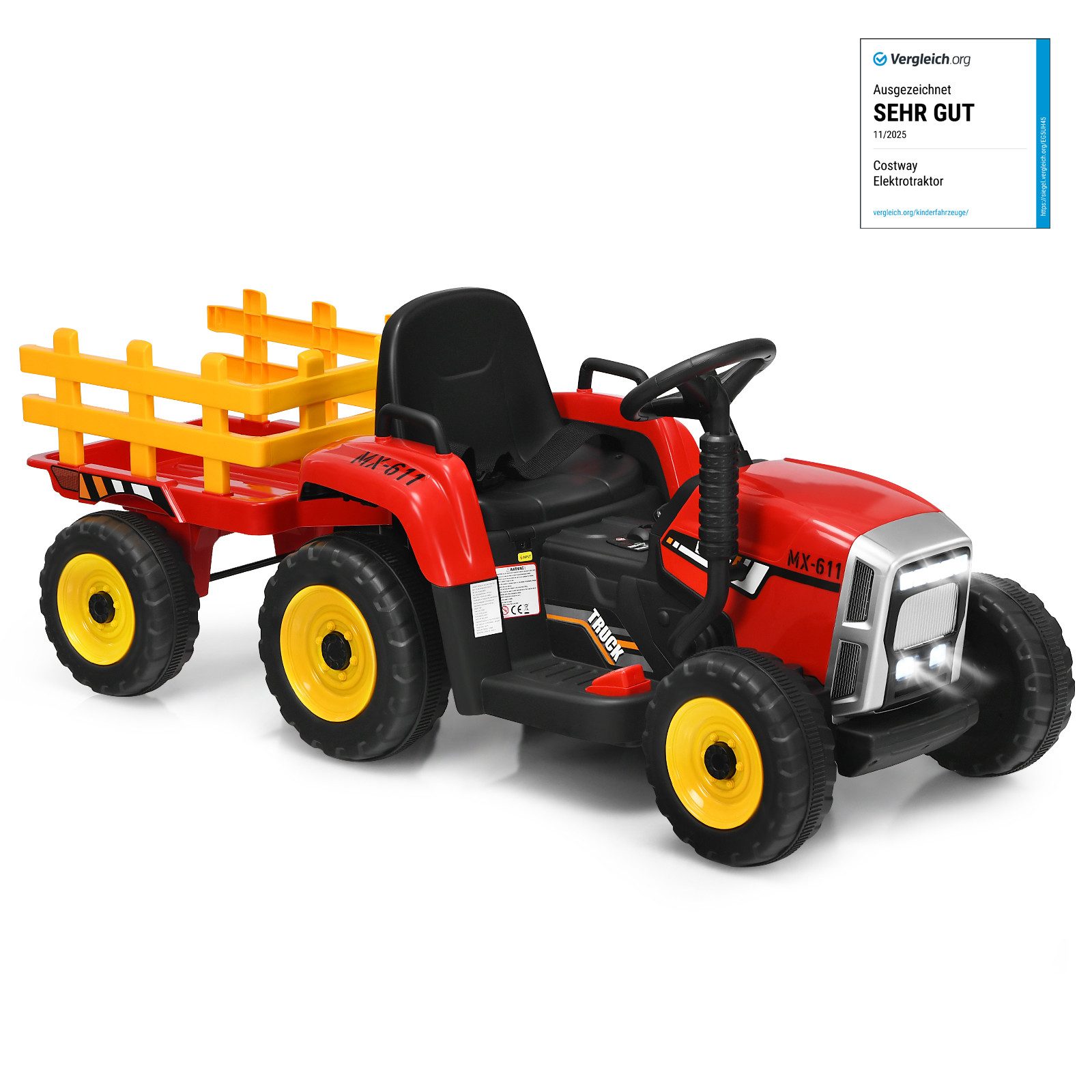 COSTWAY Elektro-Kindertraktor Aufsitztraktor, mit USB & abnehmbarem Anhänger