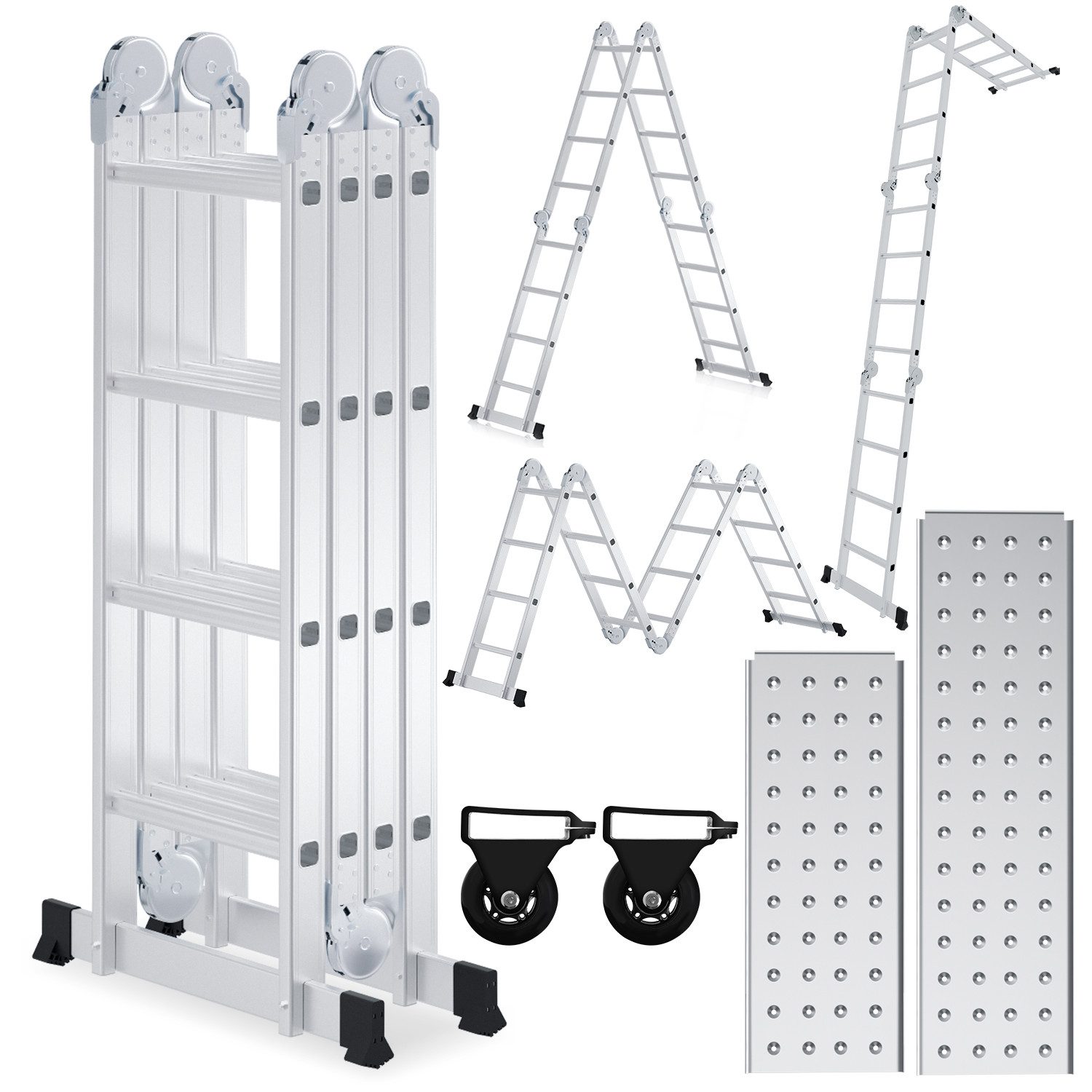Clanmacy Vielzweckleiter 6 in 1 Multifunktionsleiter Gerüst 470cm Mehrzweckleiter Klappleiter (Multifunktionsleiter, Vielzweckleiter, Gelenkleiter, Universalleiter, Mehrzweckleiter Aluminium mit Рулоны, bis 150 kg Belastbar), Mühelose Portabilität Unabhängige Verriegelung Narrensicherer Betrieb