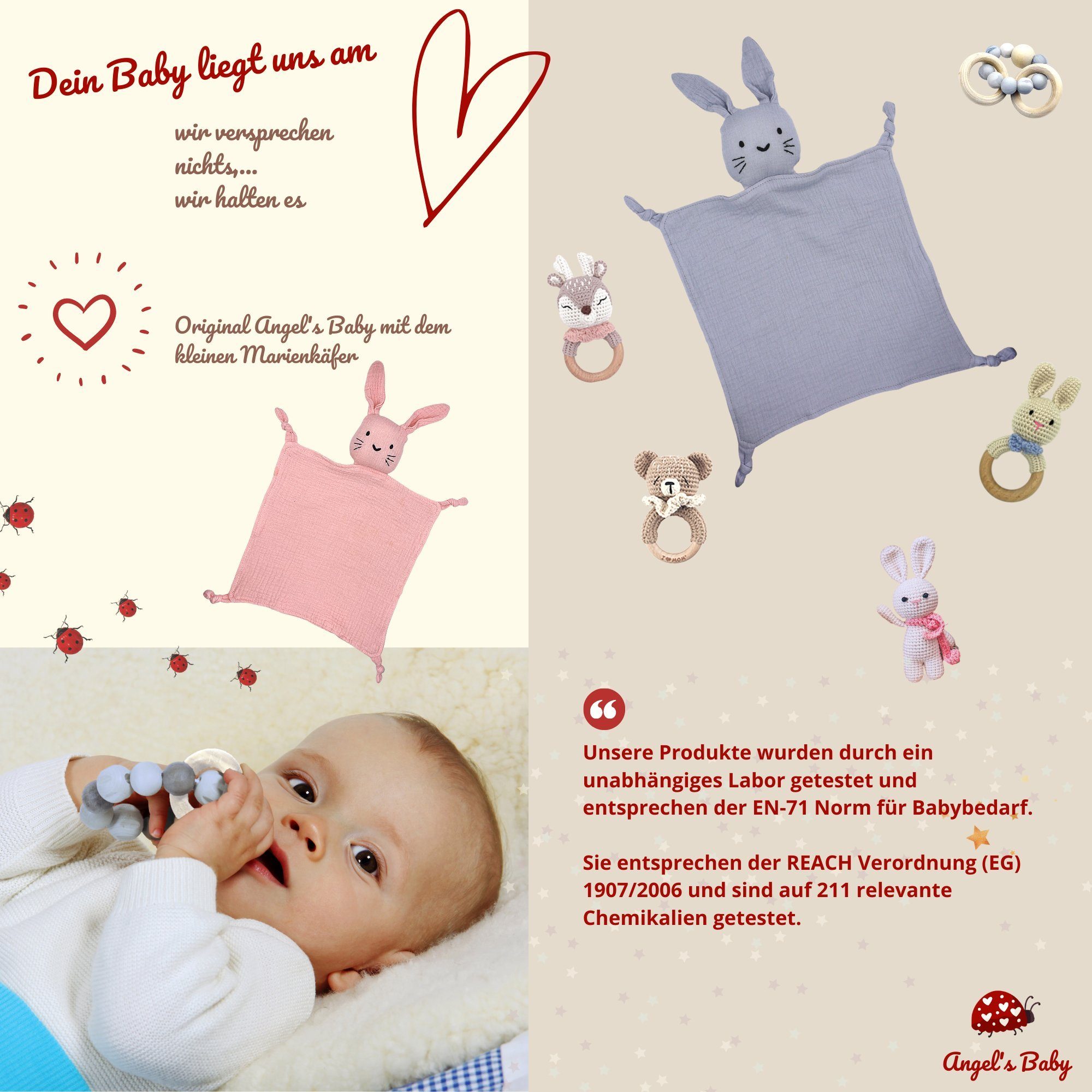 Angel's Baby Neugeborenen-Geschenkset Geschenk mit zur gratis (Set, Grußkarte, mit Babyrassel 5 Teile und Geschenkverpackung Design Geburtskarte) 5-tlg., + niedlichem Baumwolle, Schnuffeltuch, in Geburt Blau