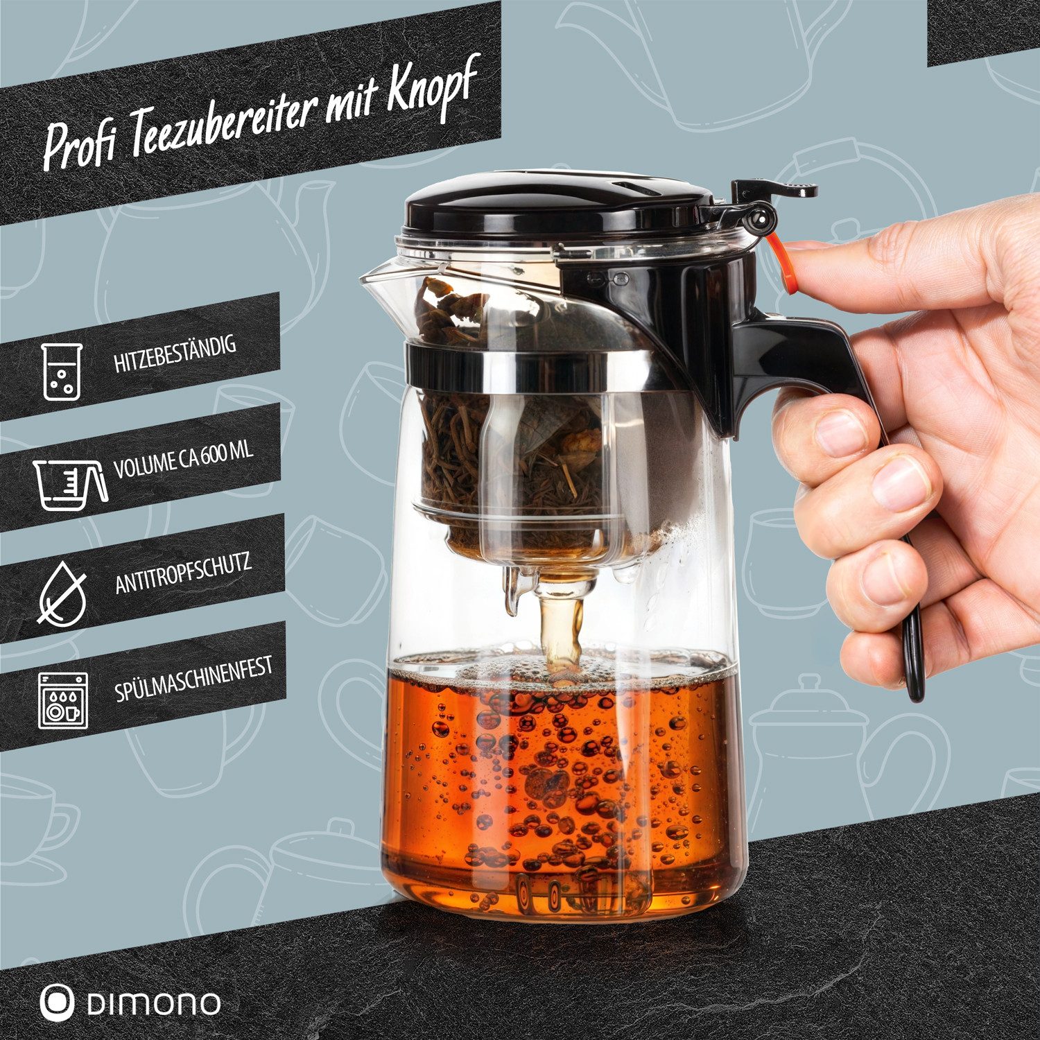 Dimono Teeglas DIMONO Teeglas Teekanne 600 ml – Teekocher mit Filter & Knopf, Tea-Maker 600 ml