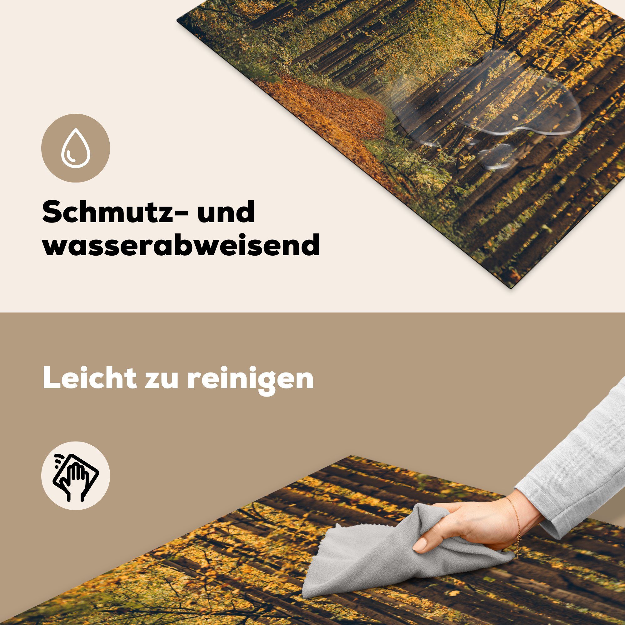 MuchoWow Herdblende-/Abdeckplatte Mit bedeckter Waldweg, für Induktionskochfeld die (1 Ceranfeldabdeckung cm, tlg), Schutz Laub Vinyl, küche, 81x52