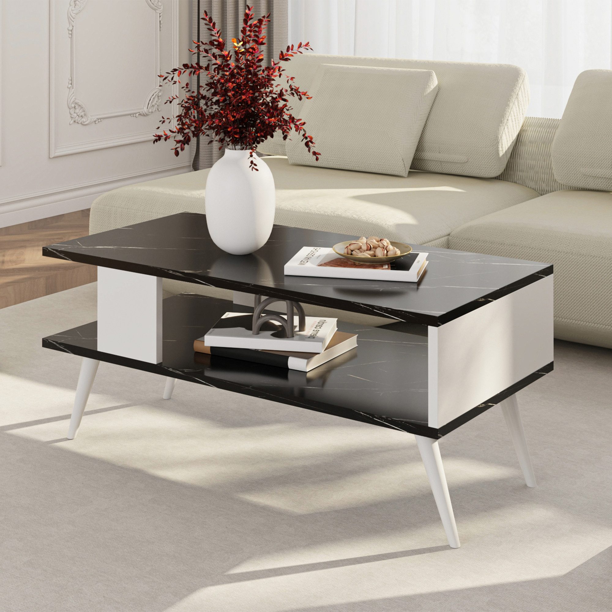 en.casa Couchtisch, »Lycksele« Wohnzimmertisch 40x90x45cm Marmor-Optik Schwarz/Weiß