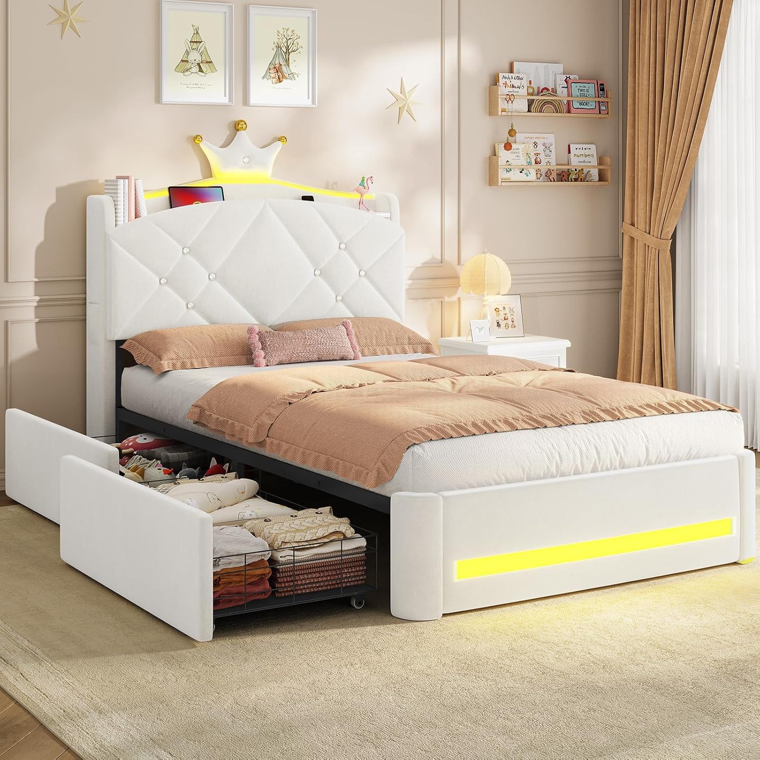 MSMASK Kinderbett im Kronen-Design mit LED-Beleuchtung, Ladestation und 2 Schubladen (Ohne Matratze), Polsterbett Jugendbett Prinzessinnenbett 90 x 200cm