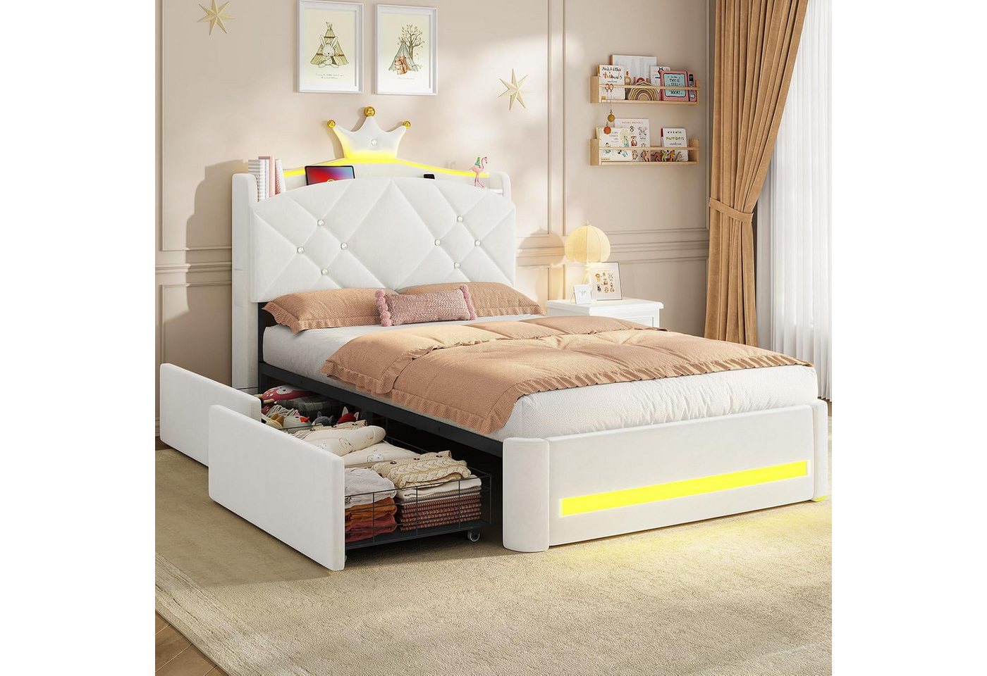 MSMASK Kinderbett im Kronen-Design mit LED-Beleuchtung, Ladestation und 2 Schubladen (Ohne Matratze), Polsterbett Jugendbett Prinzessinnenbett 90 x 200cm
