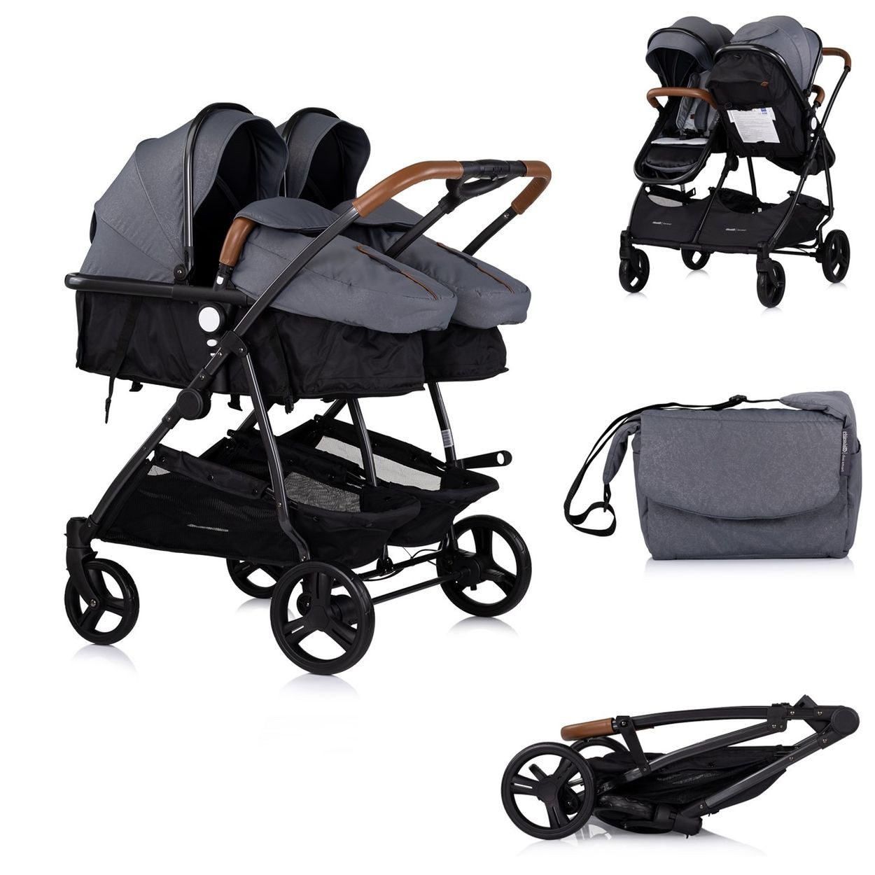 Chipolino Geschwisterwagen Duo Smart, klappbar, umbaubar, verstellbar, Fußsack, EVA-Reifen, Sicherheitsgurt