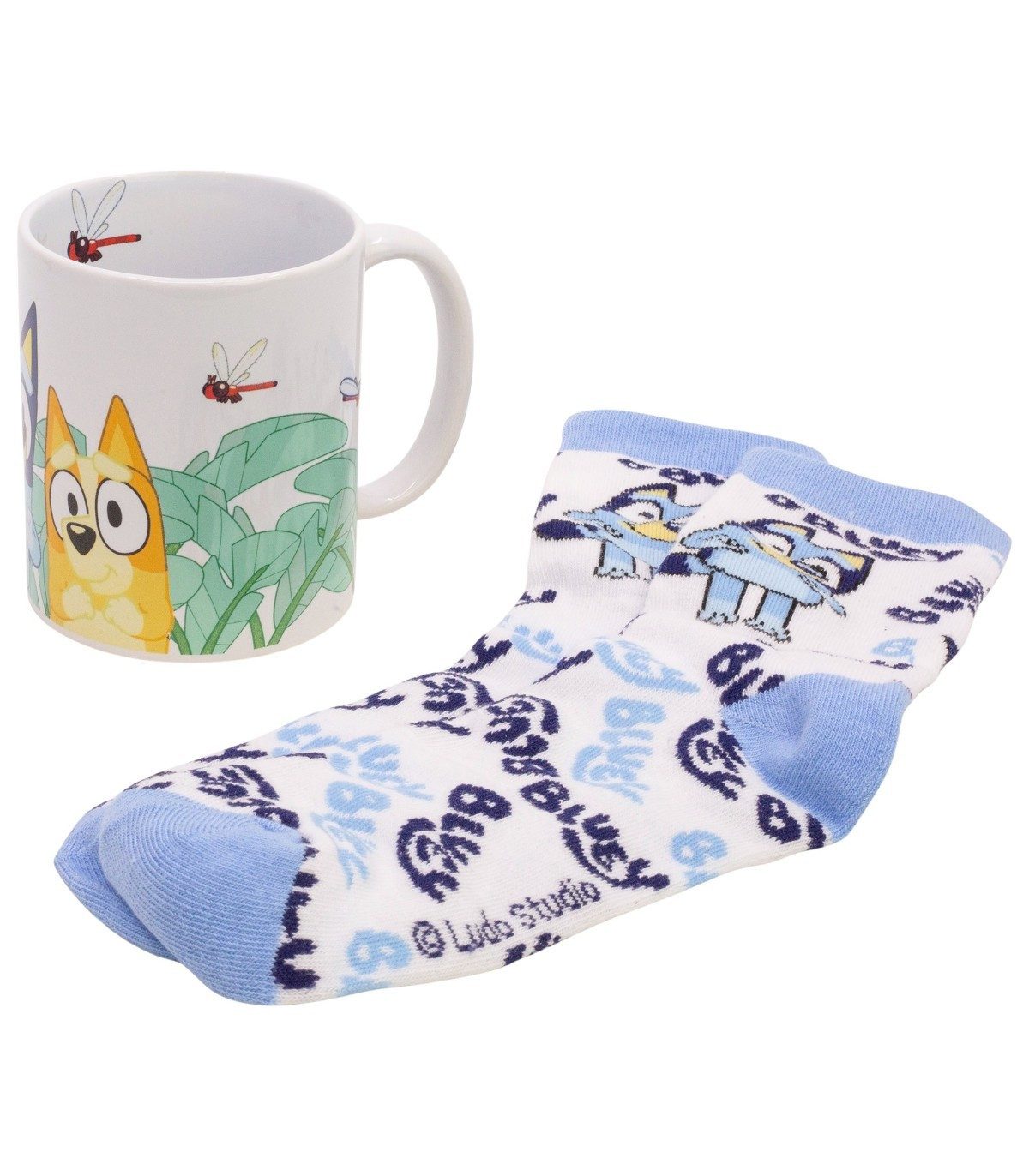 Bluey Tasse Socken Set Keramiktasse 325 ml mit Kindersocken, 2-tlg., Tasse: Keramik, Socken: Polyester