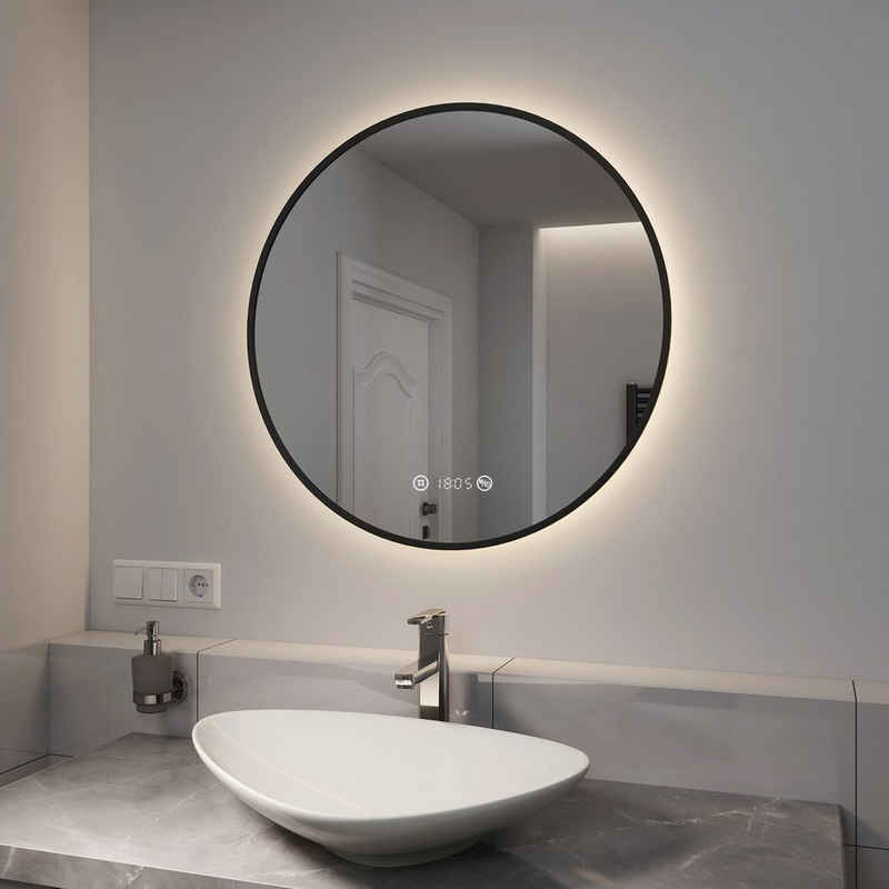 EMKE Badspiegel »EMKE LED Badspiegel Rund Spiegel mit Beleuchtung Schwarz«, mit Touch, Antibeschlage, Uhr, Temperatur, Dimmbar, Memory-Funktion