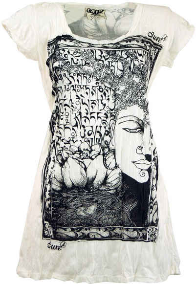 Guru-Shop T-Shirt Sure Long Shirt, Minikleid Mantra Buddha - weiß Festival, Goa Style, alternative Bekleidung