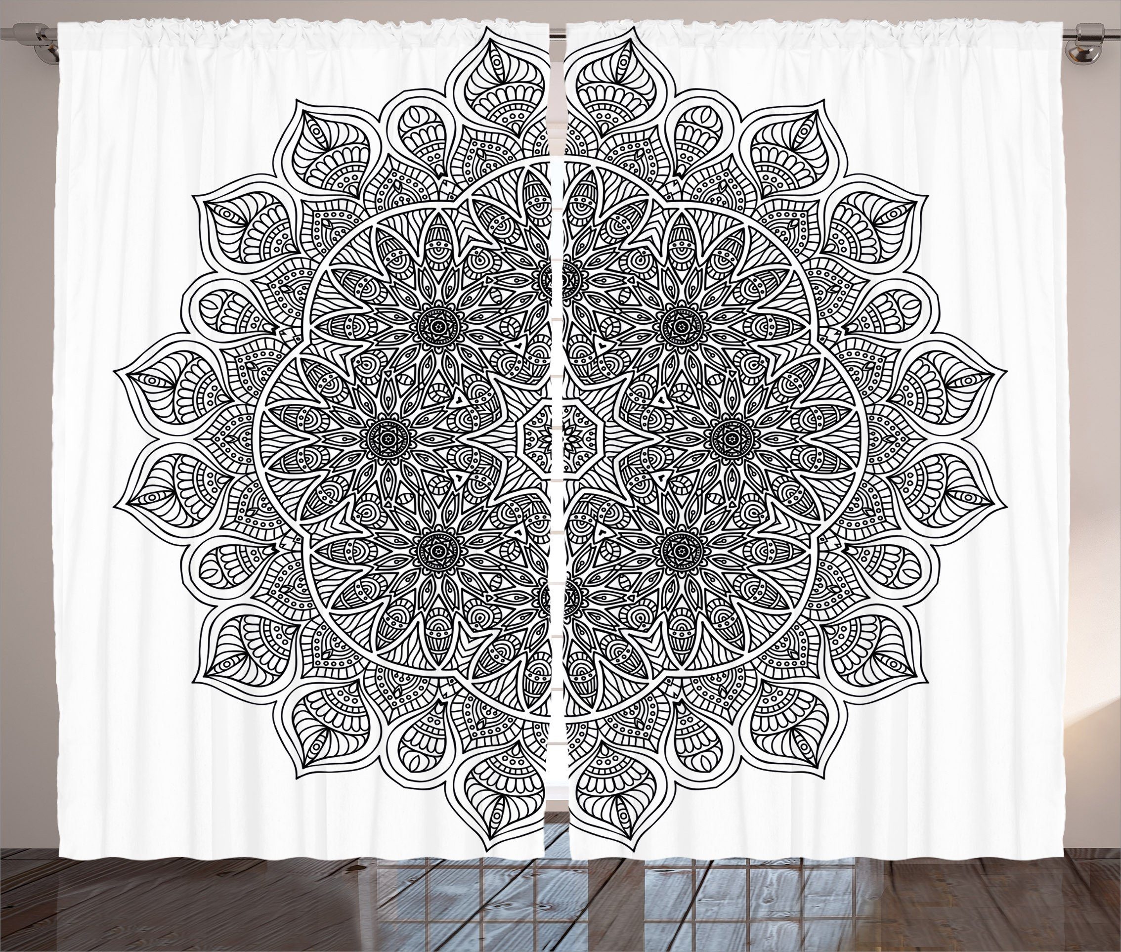 Schwarz Mandala Schlaufen Vorhang und Blumen mit Kräuselband Schlafzimmer Haken, Abakuhaus, Gardine