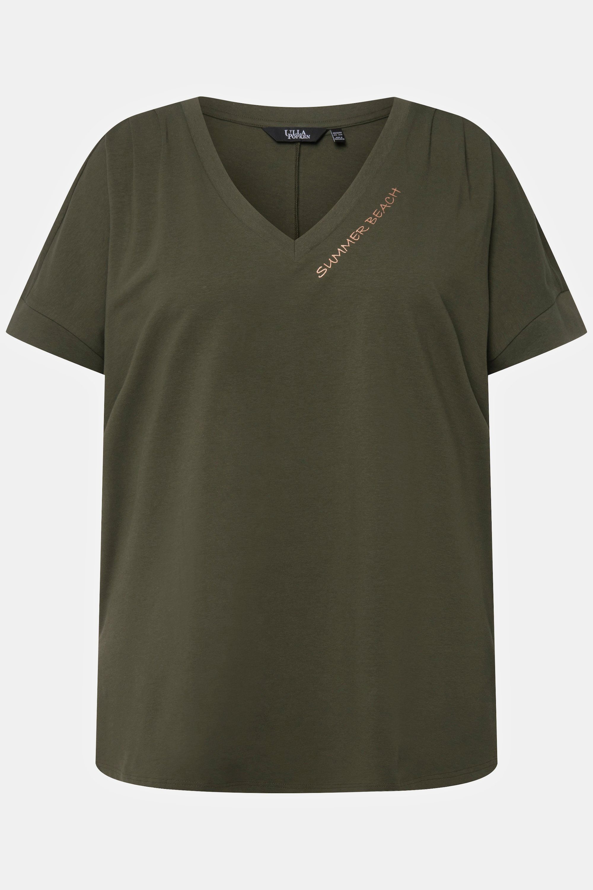 Ulla Popken Rundhalsshirt Longshirt Oversized V-Ausschnitt khaki Zierfalten