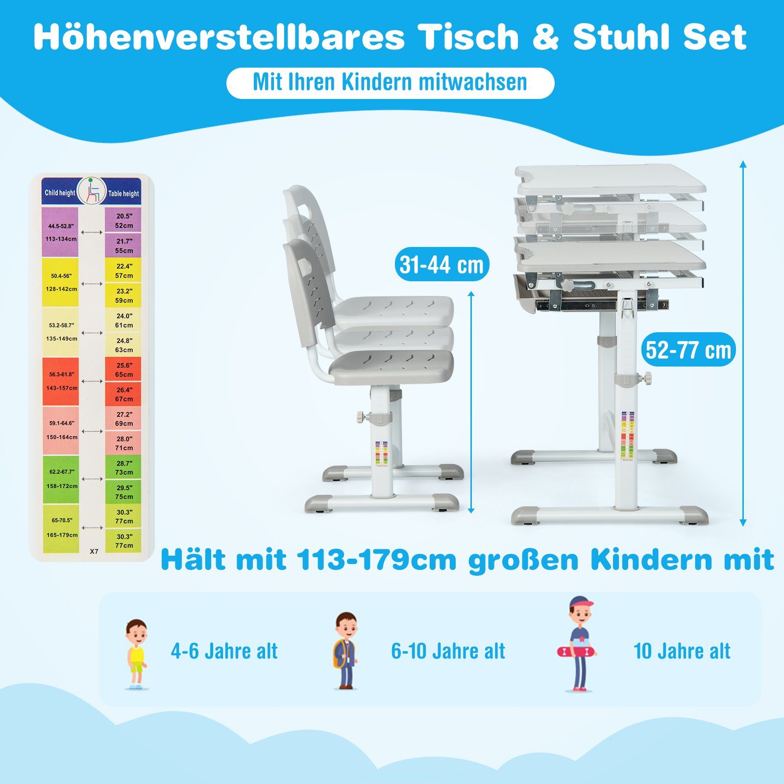 COSTWAY Kinderschreibtisch, mit Stuhl, neigbare Tischplatte, günstig online kaufen