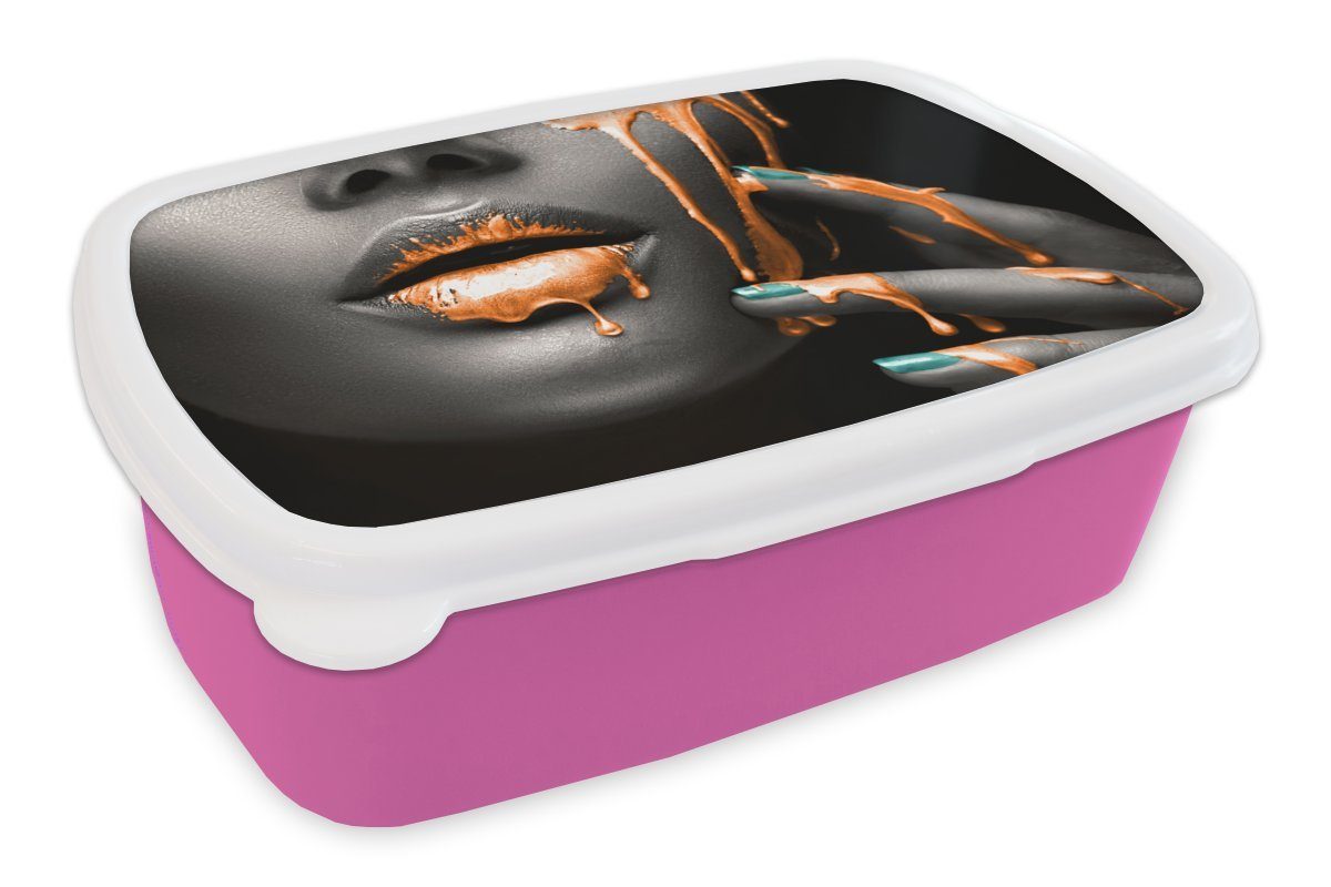 MuchoWow Lunchbox Lippen - Orange - Schwarz, Kunststoff, (2-tlg), Brotbox für Erwachsene, Brotdose Kinder, Snackbox, Mädchen, Kunststoff rosa
