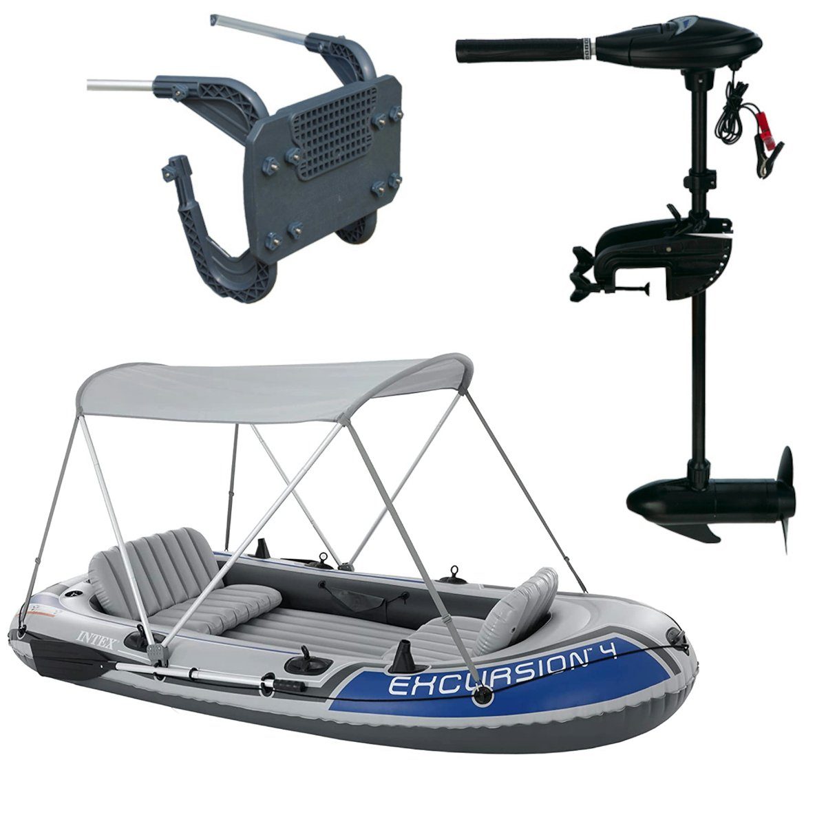 Intex Schlauchboot Excursion 4 Set + Außenbordmotor + Befestigung + Überdachung