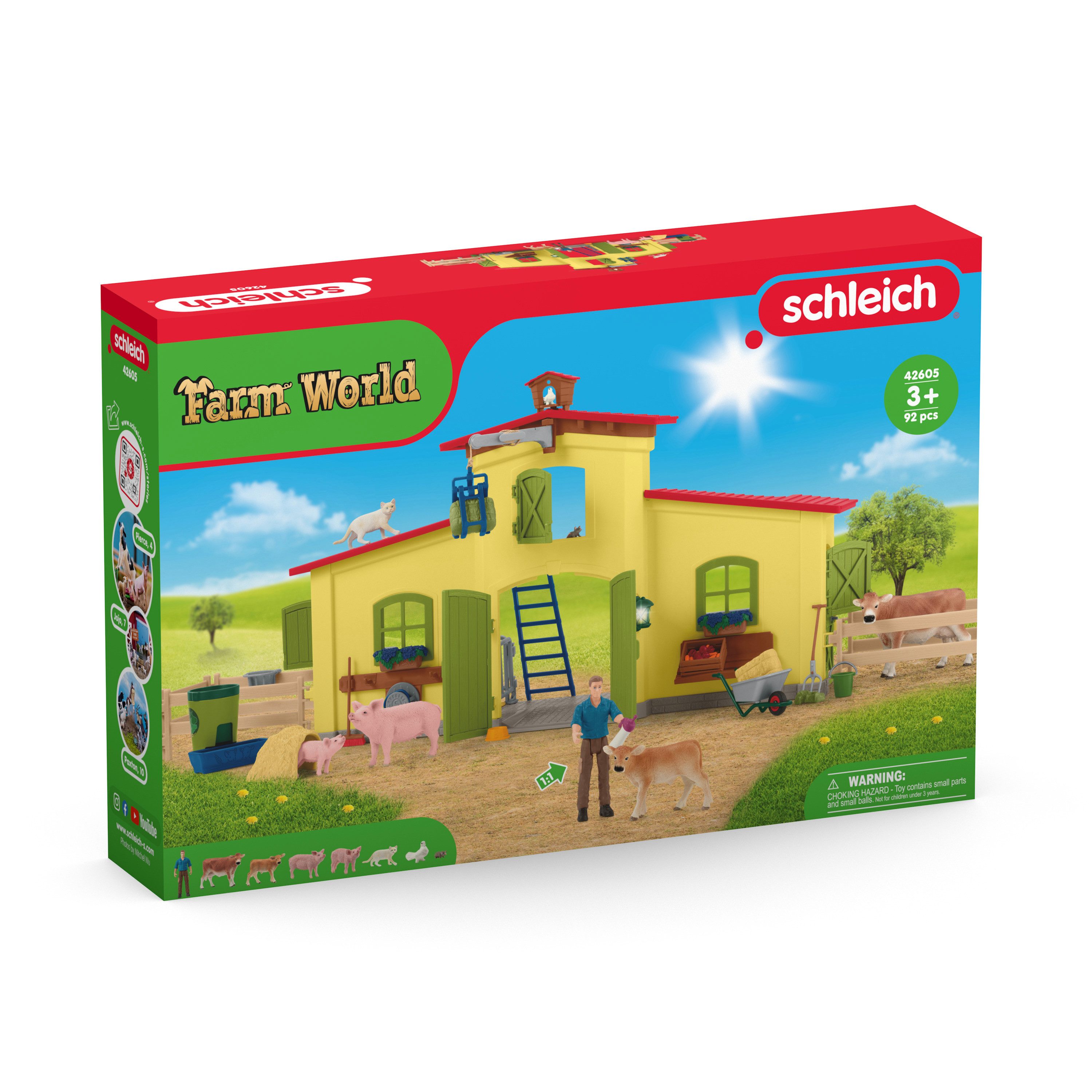 Schleich® Spielwelt FARM WORLD, Großer Stall mit Tieren und Zubehör (42605), (64-tlg)