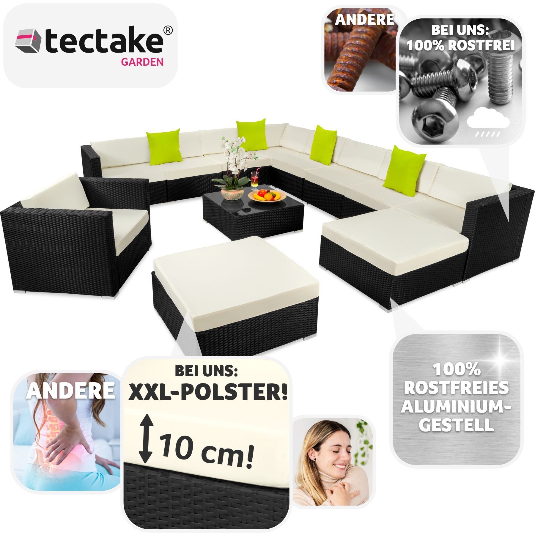 tectake Loungeset Rattan Sitzgruppe mit Aluminiumgestell, für 9 bis 11 Personen, (Gartenlounge-set Las Vegas, 12-tlg., geeignet für Outdoor in Schwarz), wetterfest und UV-beständig, Dicke der Polster 10 cm