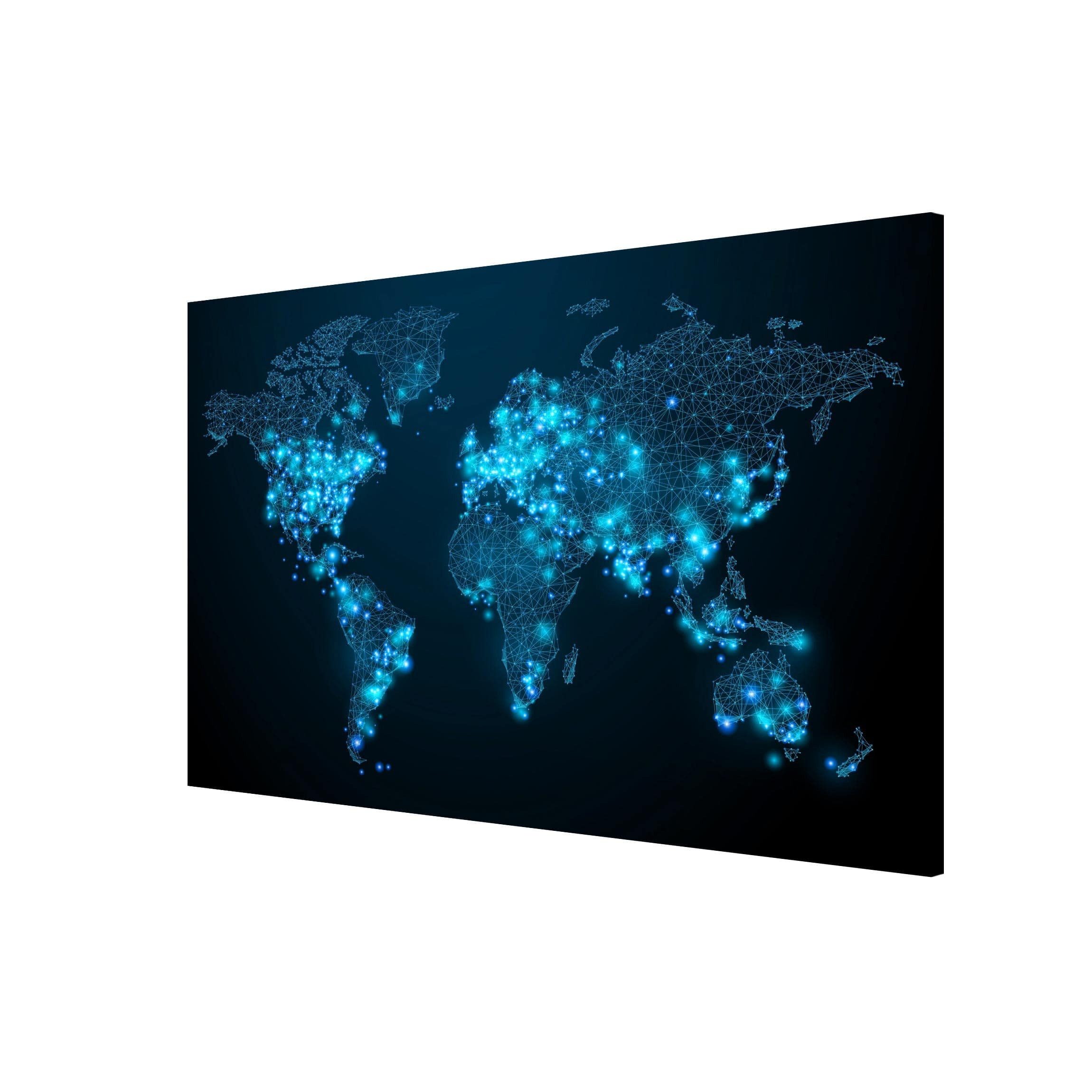 Bilderdepot24 Magnettafel Küche blau Connected World Weltkarte, (1-tlg., Magnetboard Pinnwand für die Wand - metallische Tafel für Magnete), Magnetwand groß mit Motiv Büro Memoboard magnetisch Querformat