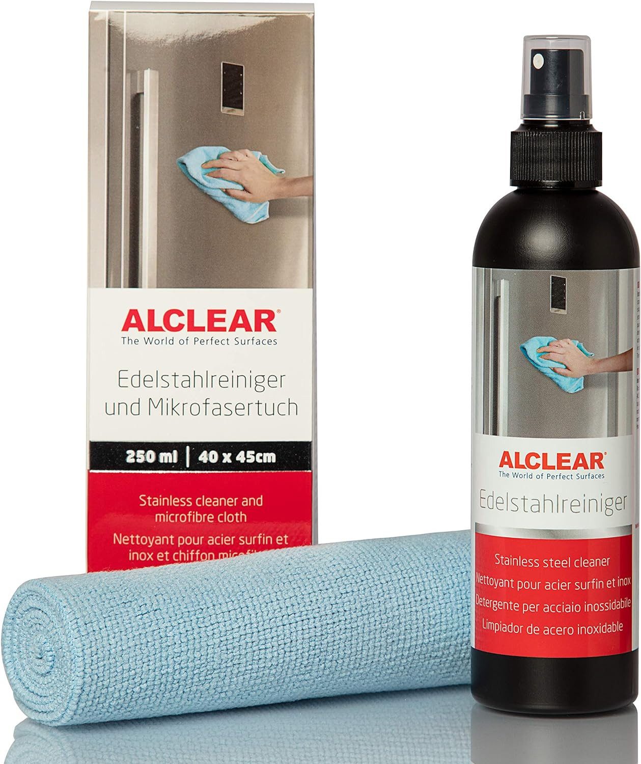 ALCLEAR 721ER Edelstahlreiniger Set 250ml mit Mikrofasertuch - Streifenfrei Edelstahlreiniger