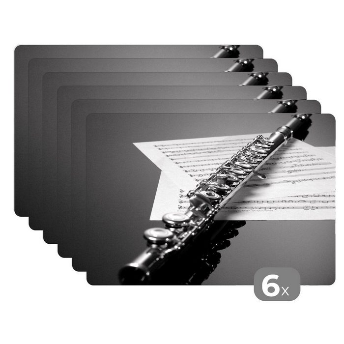 Platzset Flöte mit Tasten auf Notenblatt - schwarz und weiß MuchoWow (6-St) Platzset Platzdecken Platzmatte Tischmatten Schmutzabweisend