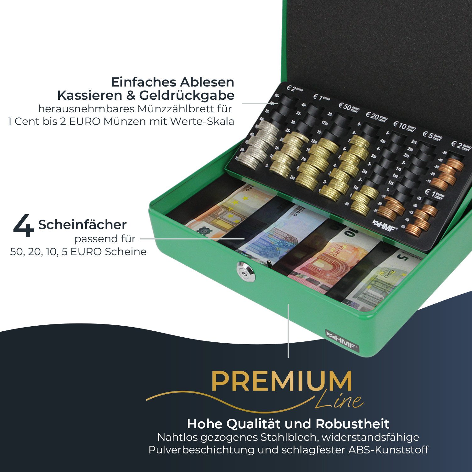 HMF Geldkassette Geldkassette abschließbar Kasse mit EURO-Münzzählbrett 4 Scheinfächer, hochwertige Geldzählkassette mit Schlüssel, 30 x 24 x 9 cm, grün – Bild 2 von 5