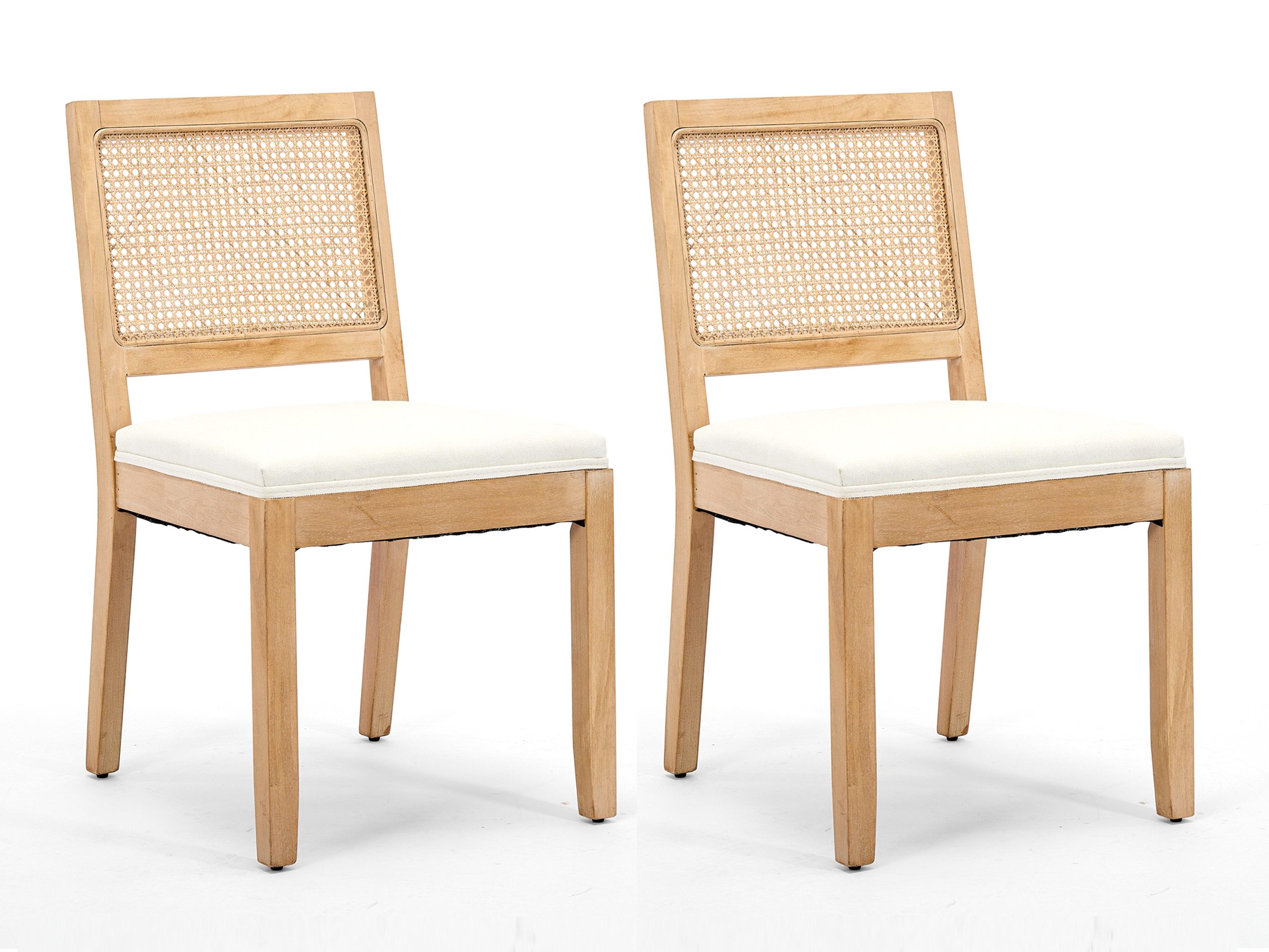 SeedWave Esszimmerstuhl 2er Set Küchenstuhl mit Rattan Rückenlehne, Massivholzbeine mit Filzen, Leinen gepolsterter Sitz, Boho Stil