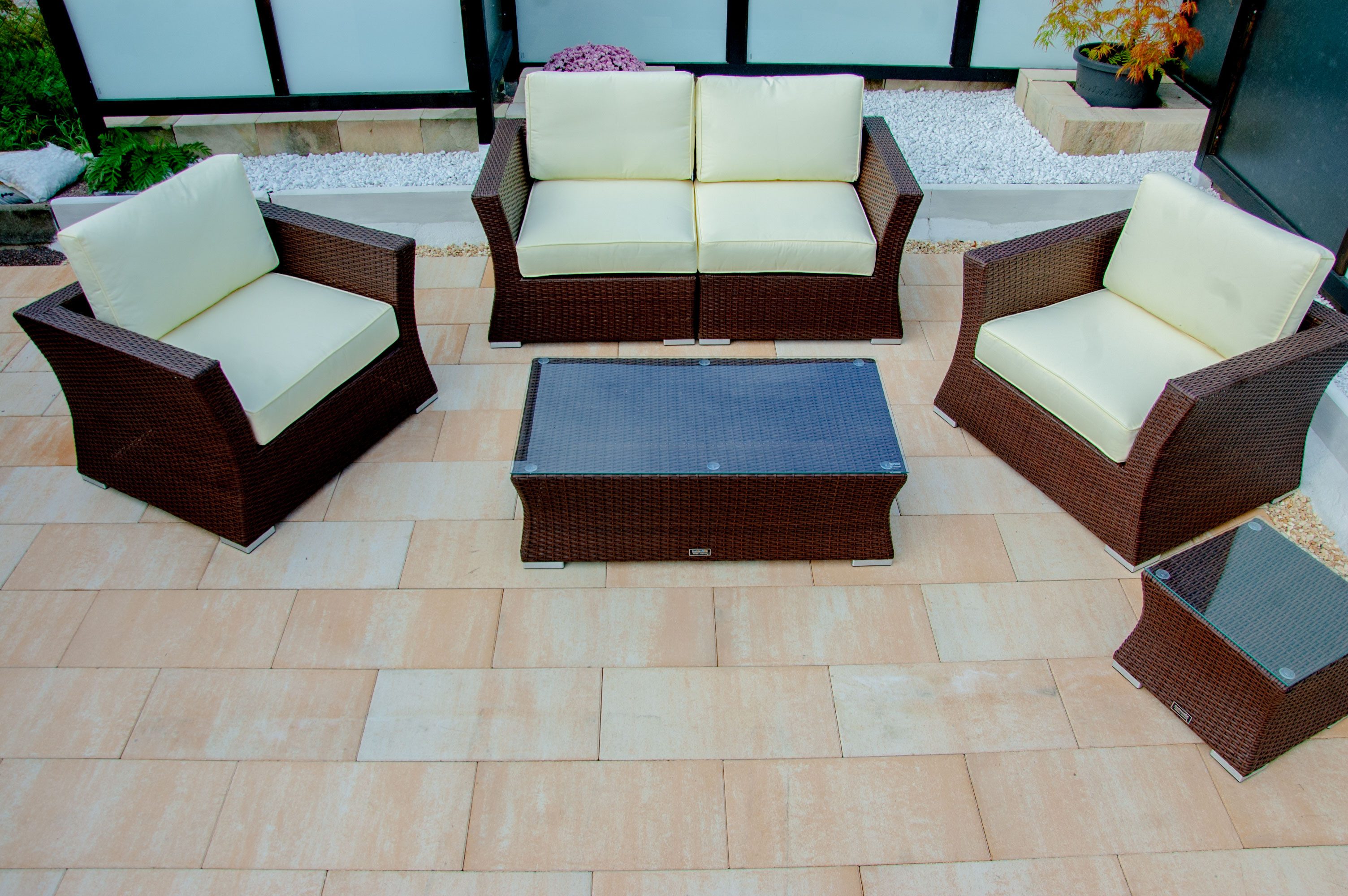 Ragnarök Möbel-Design Gartenlounge-Set Lounge Set Isfjord, (Set, Polyrattan, Alu), 1x Zweisitzer Sofa, 1 kl. & 1 gr. Beistelltisch, 2x Sessel