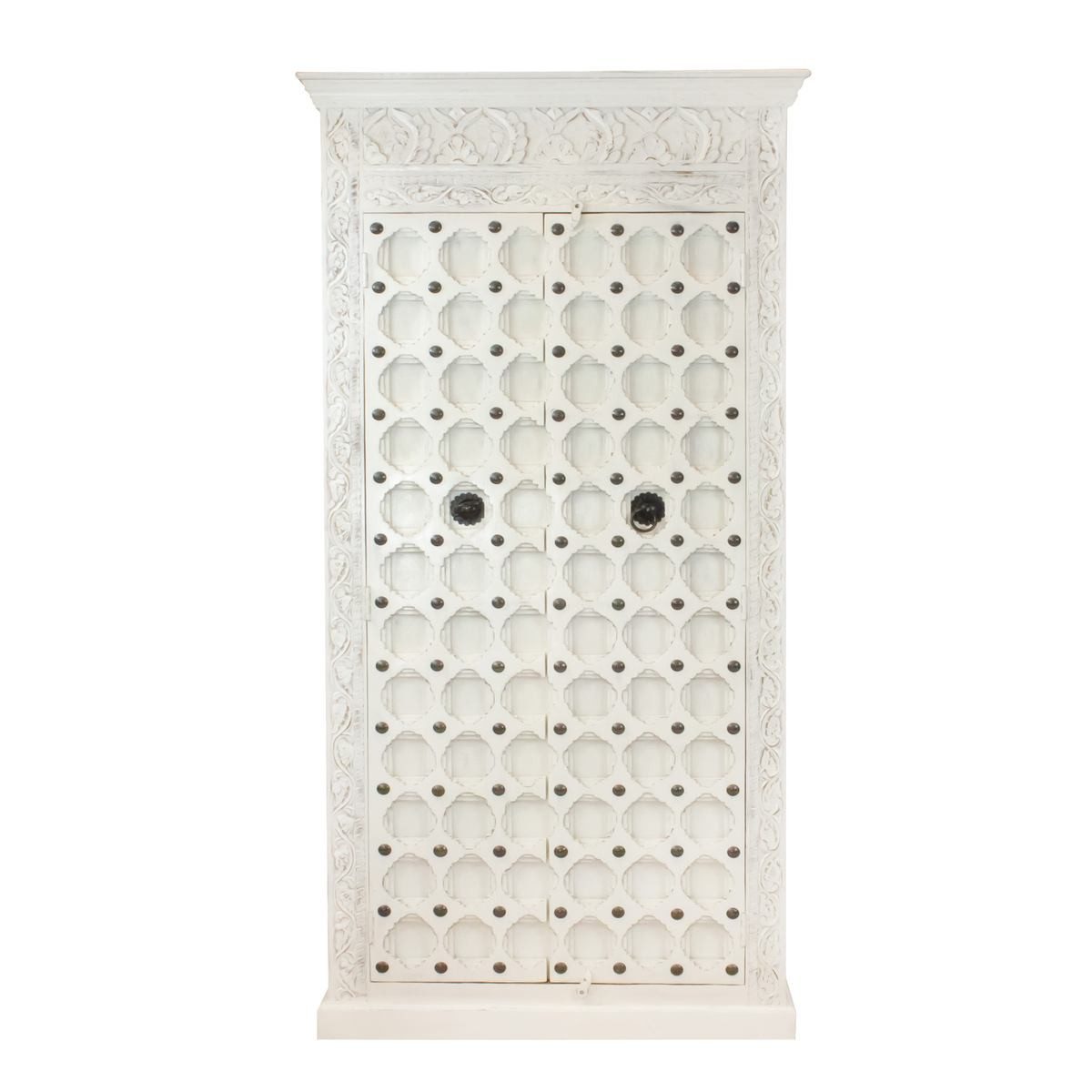 Oriental Galerie Mehrzweckschrank Weißer Schrank Khara Indien 190 cm Wohnzimmerschrank, Küchenschrank, Massivholz Antik