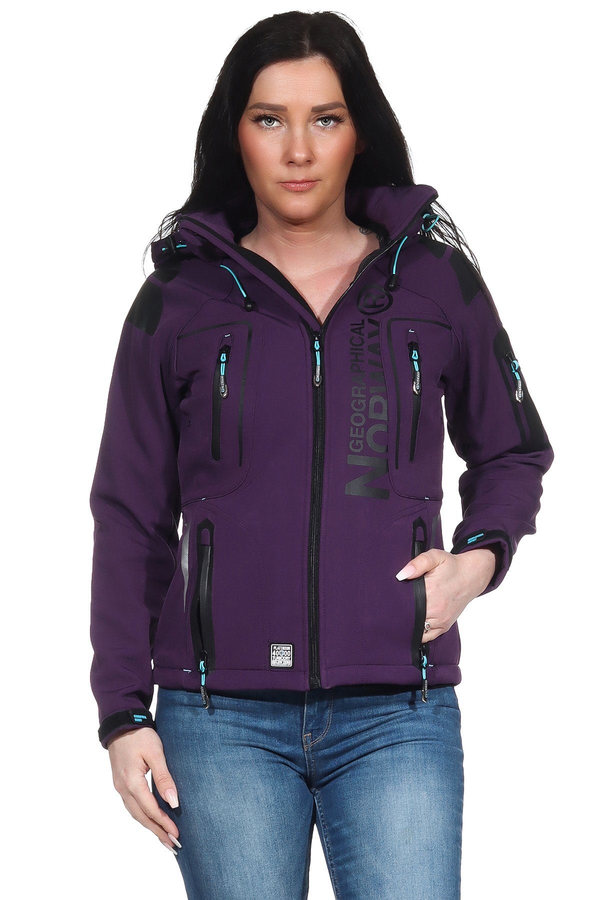 Geographical Norway Softshelljacke Geographical Norway Damen Softshell Outdoor Wander Sport Jacke in Unifarbe, mit abnehmbarer Kapuze, mit …