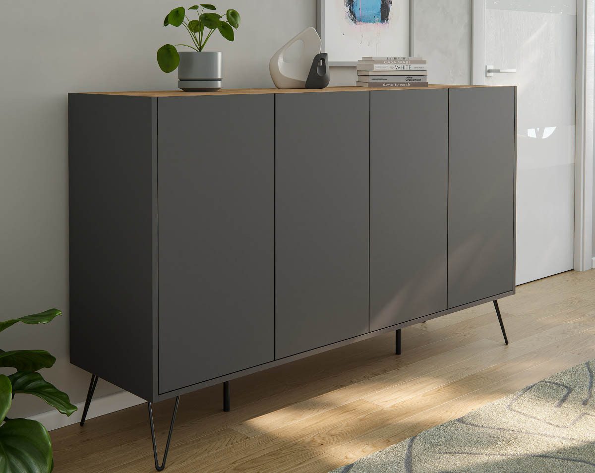 Posseik Waschtisch-Set Sideboard FAVIER 155 x 94cm, 4 Türen, grafit eiche-Top, (Sideboard, 1-St., Sideboard)