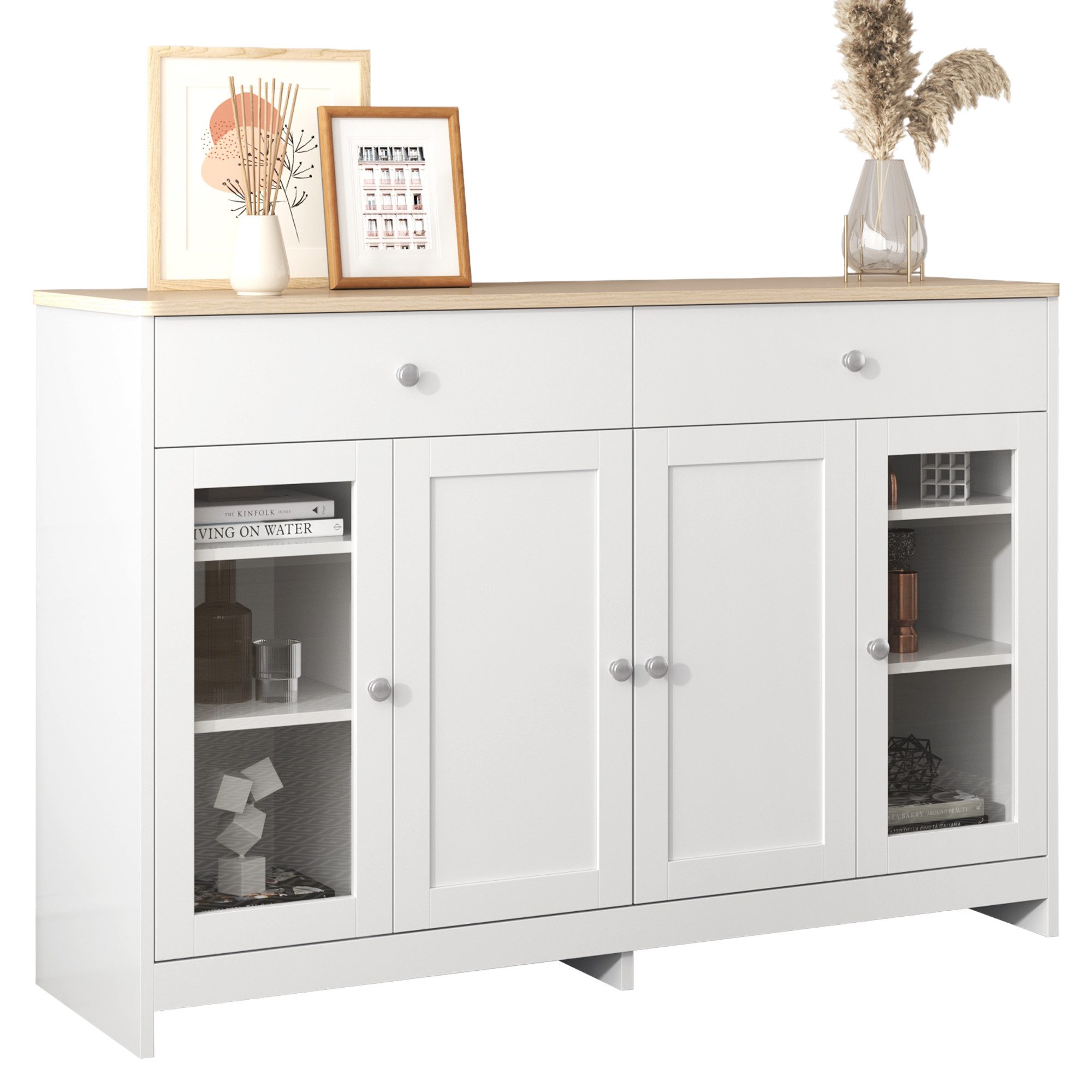 Merax Sideboard mit gehärteten Glastüren und Schubladen, Küchenschrank, Kommode im Landhausstil,Aufbewahrungsschrank,Breite 120cm