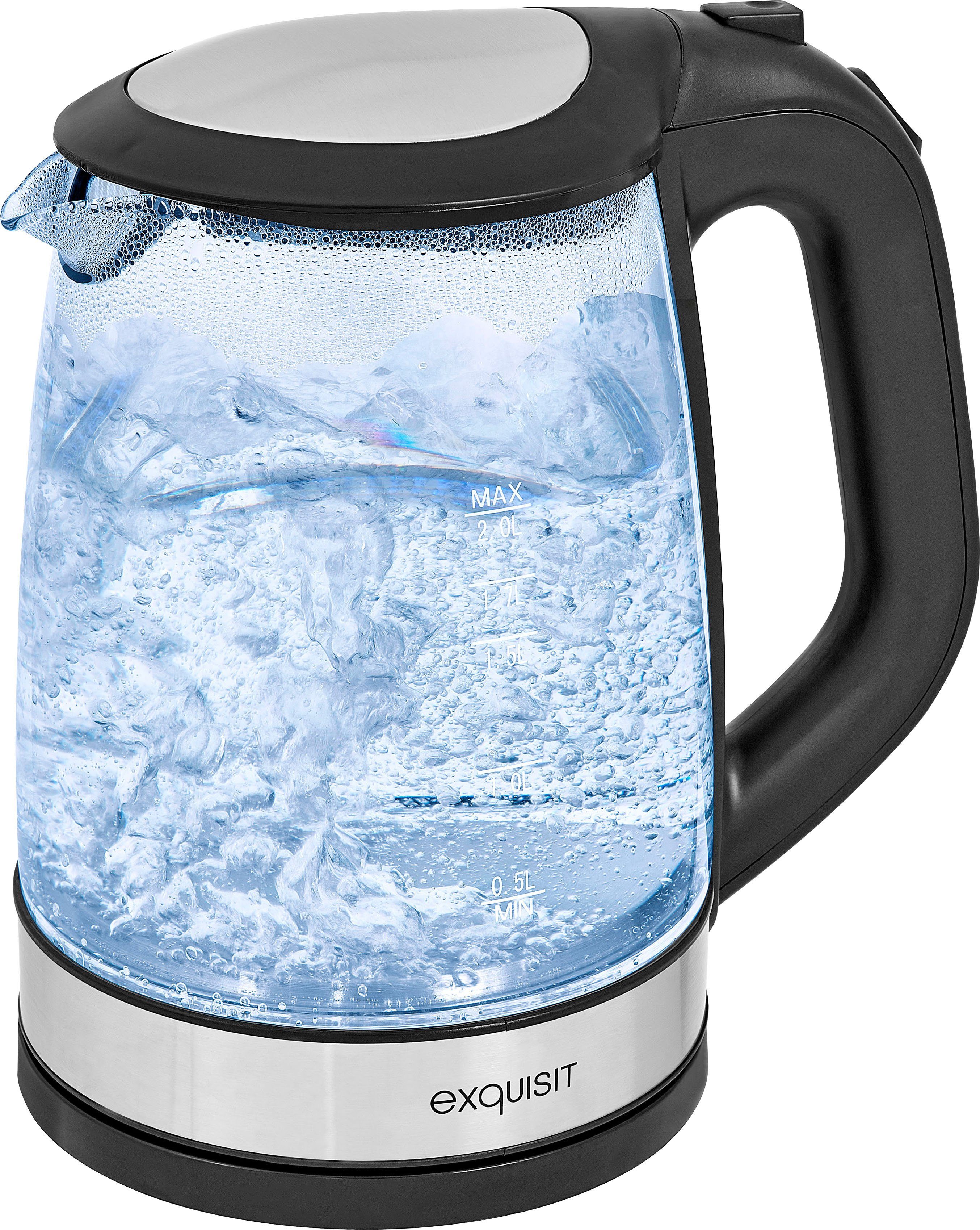 exquisit Wasserkocher WK 3501 swg, 2 l, 2200 W, kabelloser Wasserkocher aus  Glas und Edelstahl-Akzenten