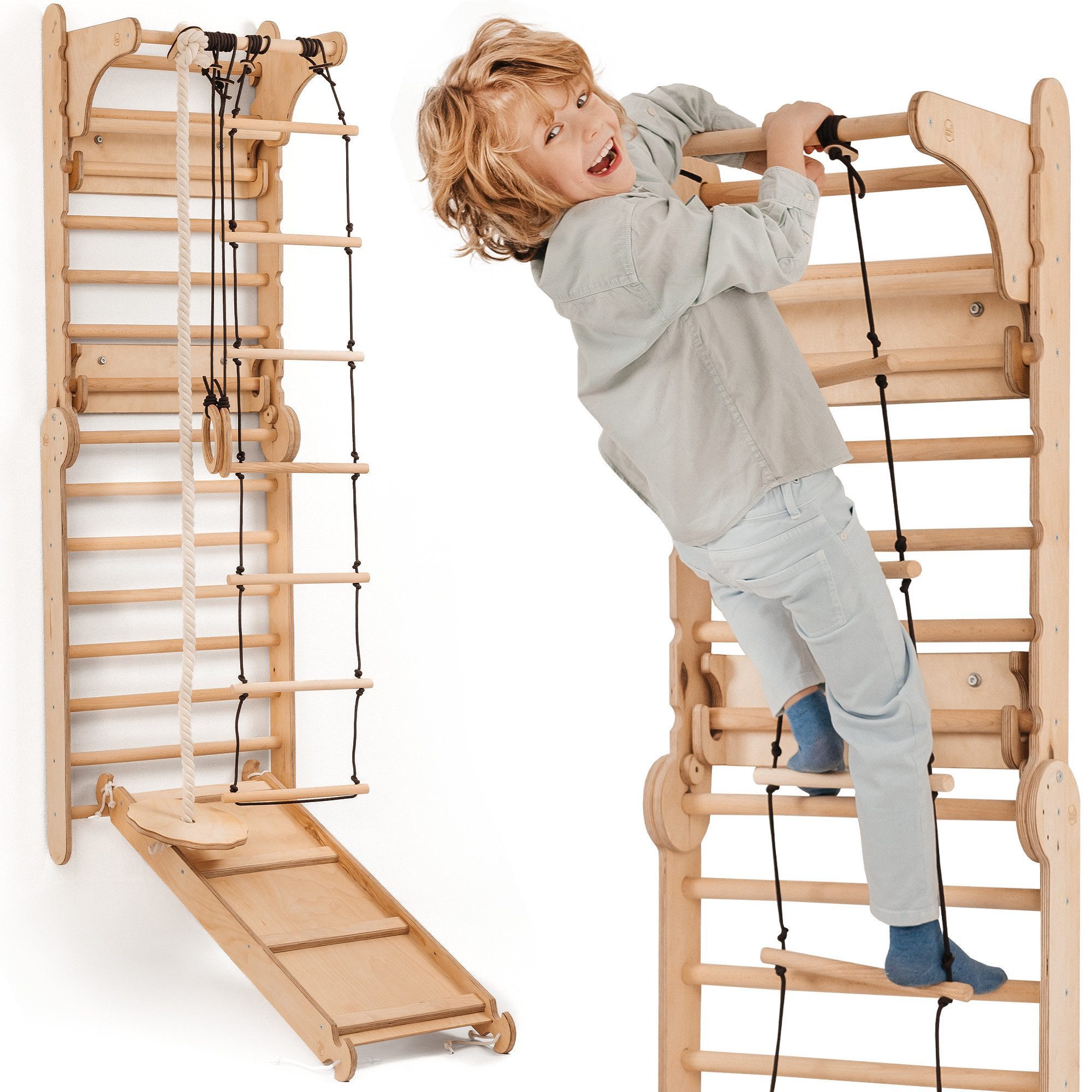 Goodevas Klettergerüst Multifunktionale Schwedenwand & Klettergerüst für Kinder, (Holz Schwedenwand & Rutschensatz – Vielseitiges Indoor Kletterdreieck Set mit Leiter, Rutsche, Monkey Bars, 6-St)