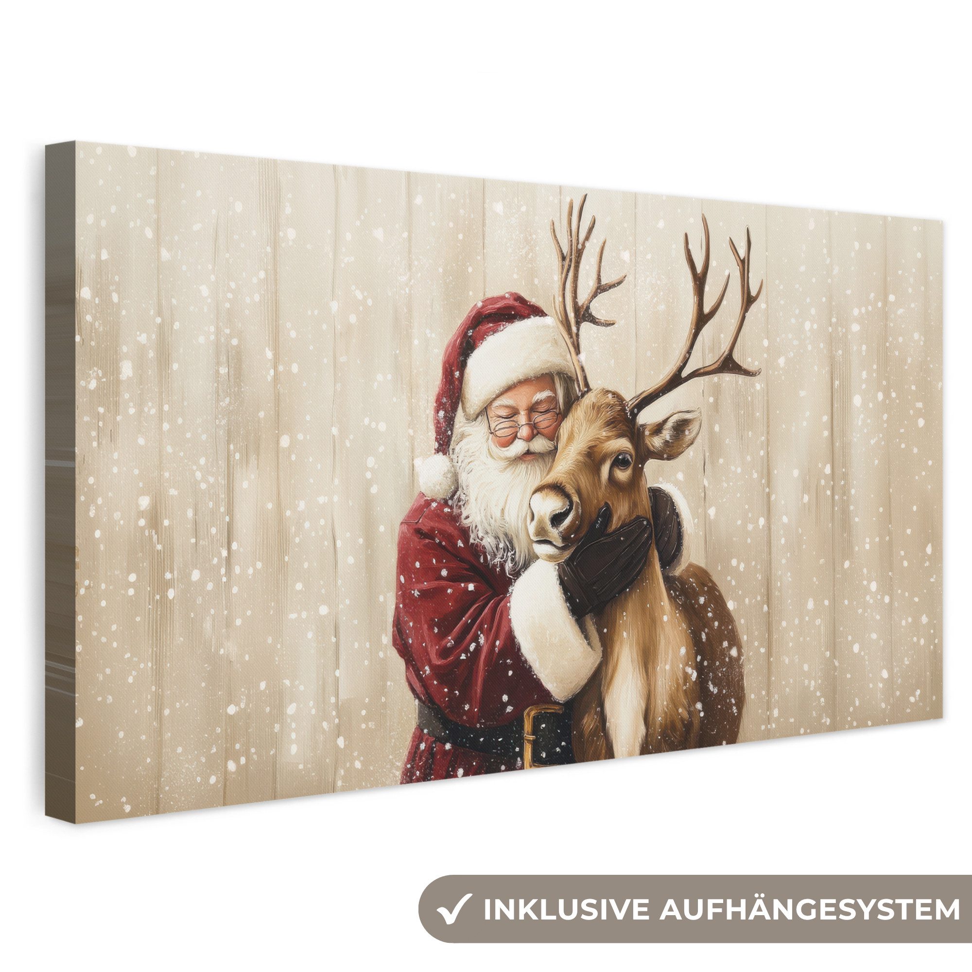 OneMillionCanvasses® Leinwandbild Panorama Weihnachtsmann - Rentier - Schnee - Bunt, Fotodruck (1 St), Wandbild, Deko Schlafzimmer Wohnzimmer Flur 40x20 cm