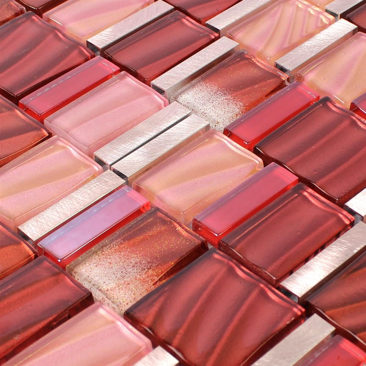 Mosafil Mosaikfliesen Glas Aluminium Mosaik Fliesen Prag, Glas-Metall-Aluminium 30.000x30.000, rot-silber-kupfer