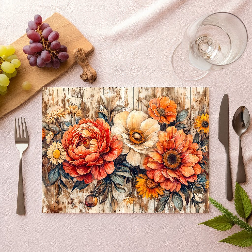 raxxa Platzset raxxa Premium-Platzset"Peonies and Marigolds on Dark Rustic Wood", (Set, 2-St., Platzdecken)