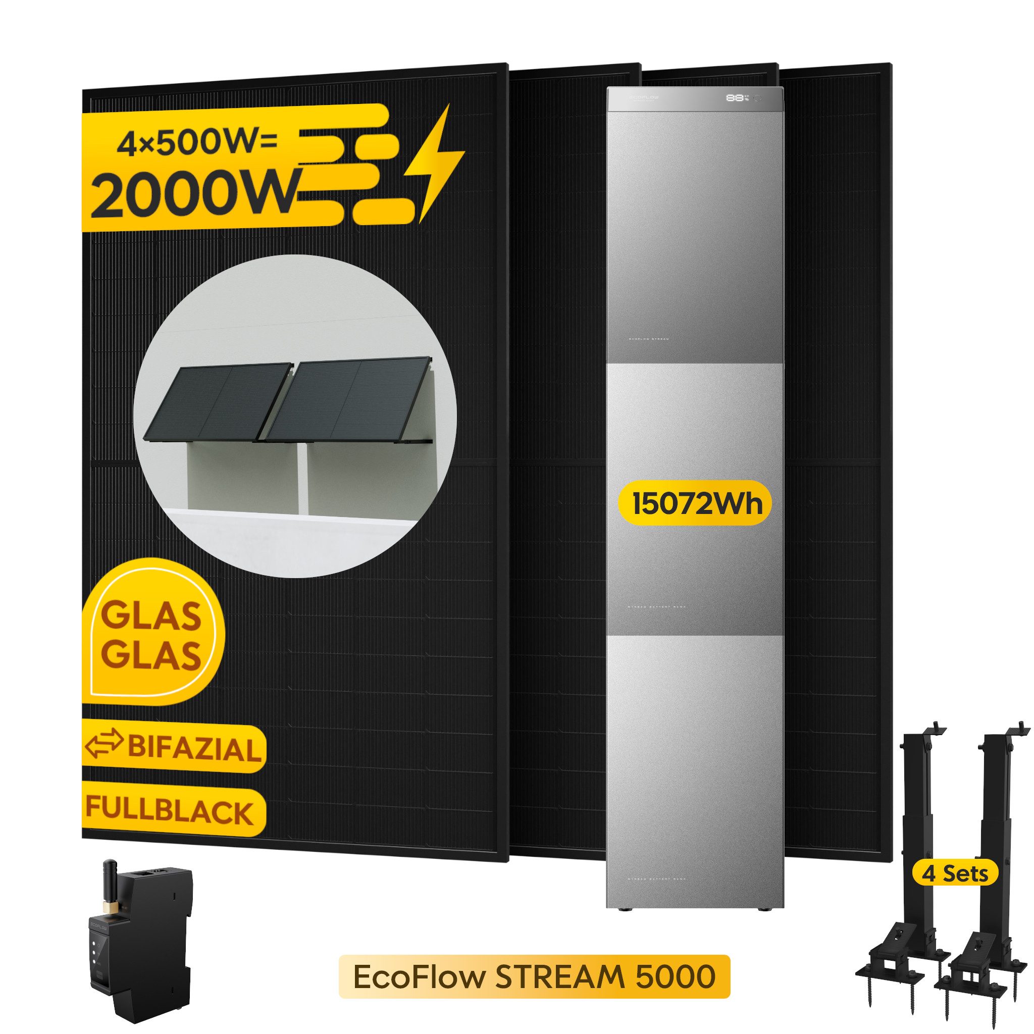 Ecoflow Balkonkraftwerk EcoFlow STREAM 5000 Speicher 5024Wh & 2 x EB 5000 Zusatzbatterie, (15.072 Wh, mit 4*500Wp solarmodule und Smart Meter), inkl. Halterung (Optional)